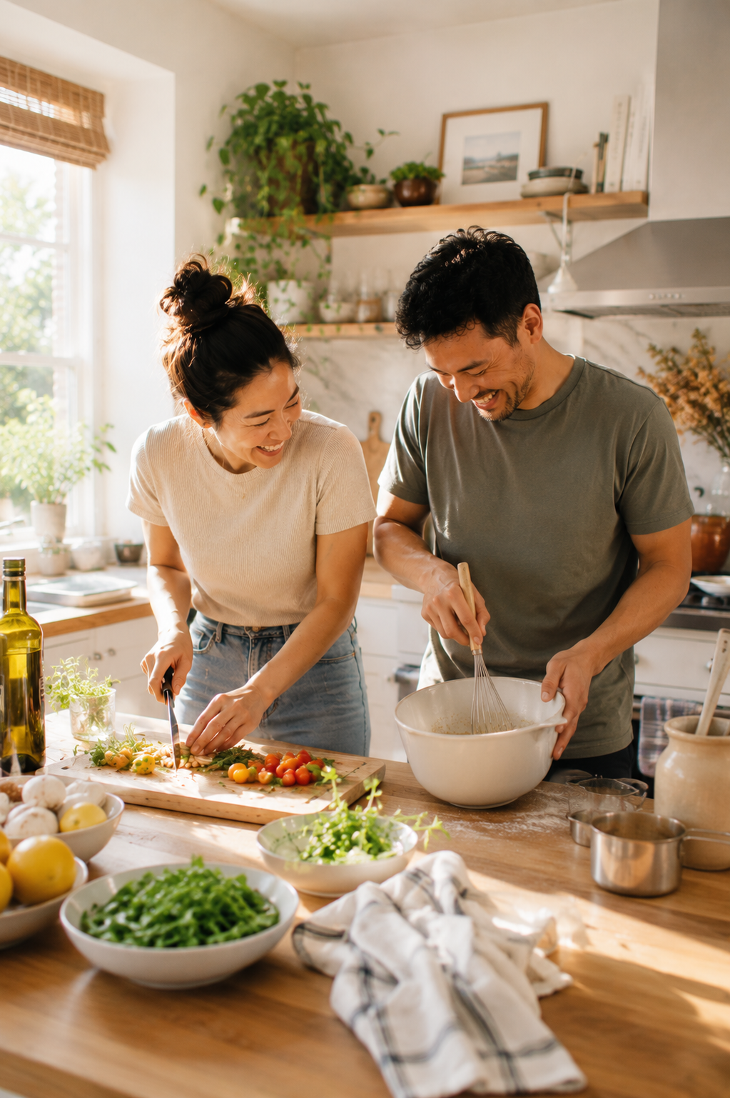 A couple prepares dinner together in a bright, sunlit kitchen, representing teamwork, communication, and building a strong foundation before marriage through premarital counseling.