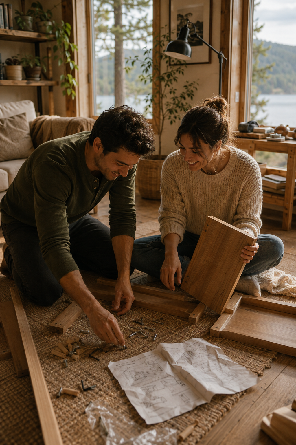 A couple laughs together while assembling furniture in a cozy home, representing teamwork, communication, and building a strong foundation through premarital counseling in Houston and throughout Texas.