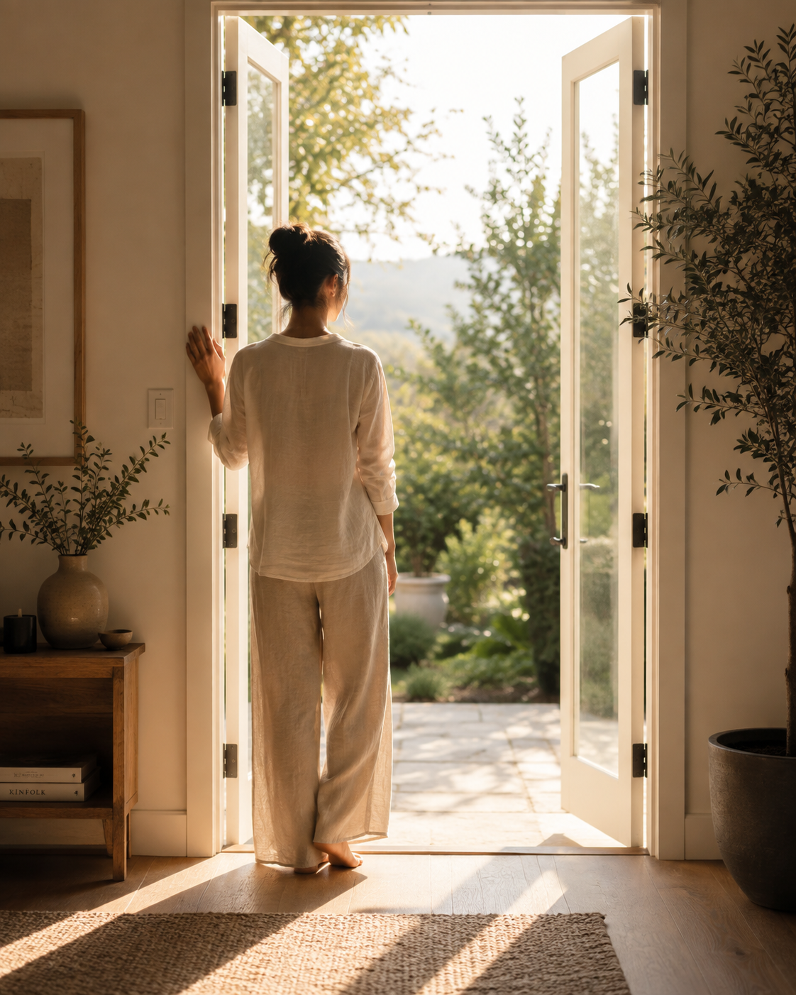 A woman stands in an open doorway looking toward a sunlit landscape, representing life transitions, identity exploration, and personal growth through therapy in Houston and throughout Texas.