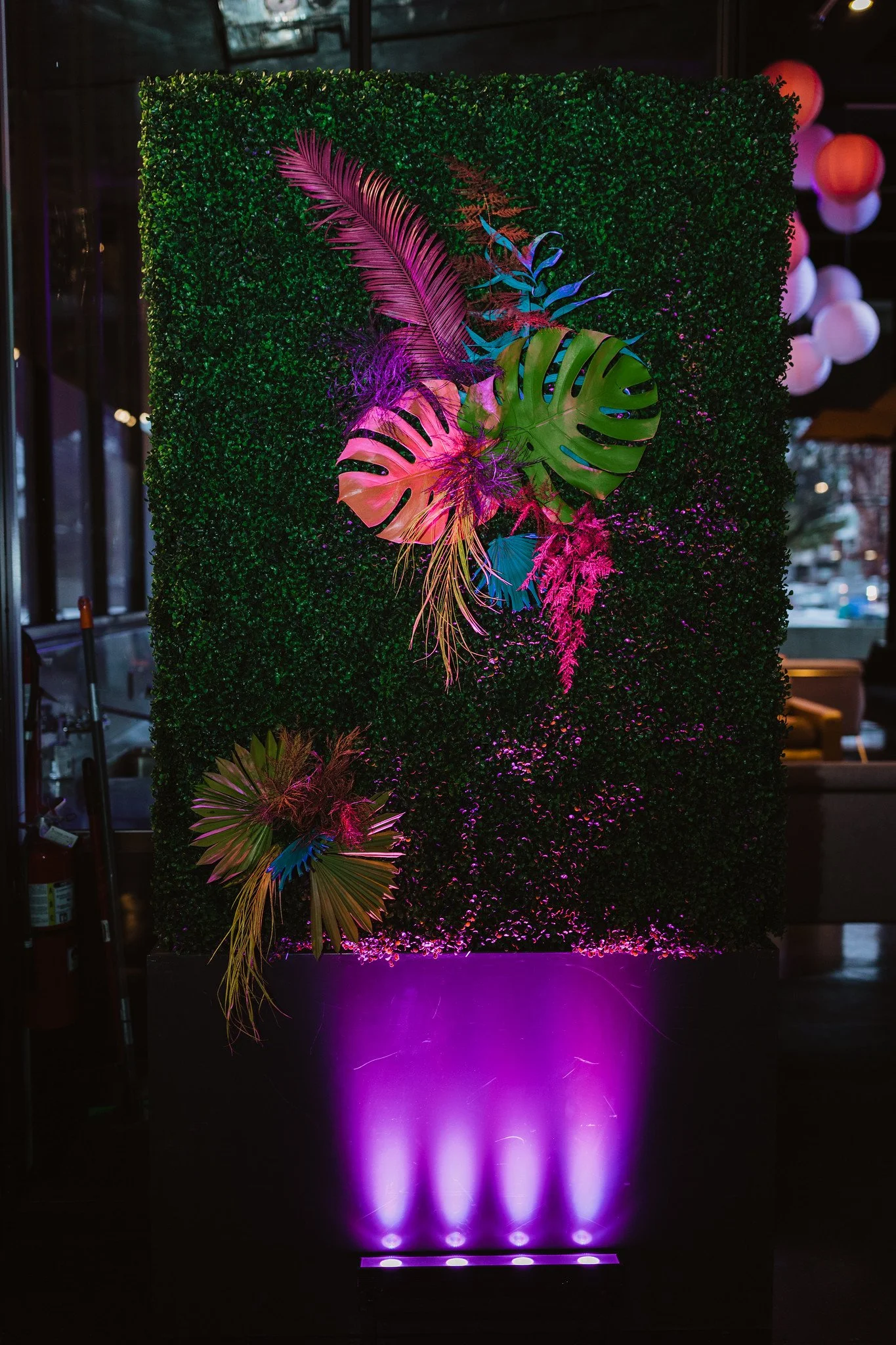 A decorative wall with green foliage and colorful tropical leaves illuminated by purple and pink lighting, with purple light and reflections on the floor.