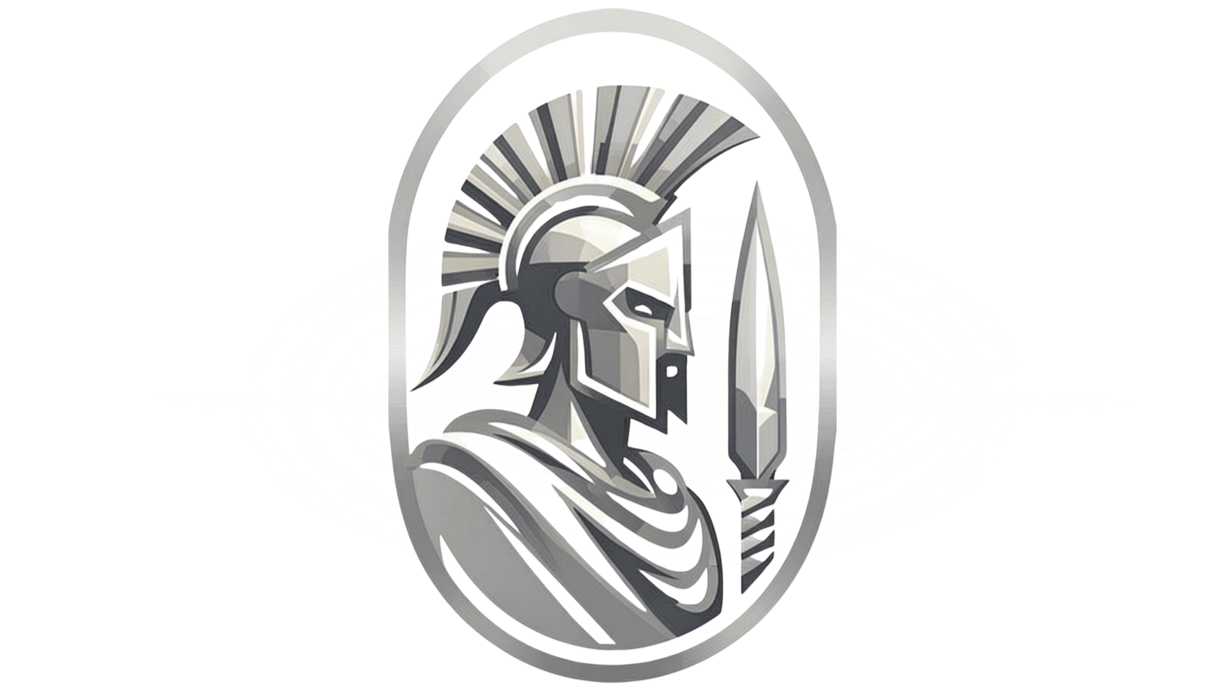 A metallic emblem featuring a Spartan warrior with a helmet and crest, holding a sword upright, enclosed within an oval border.