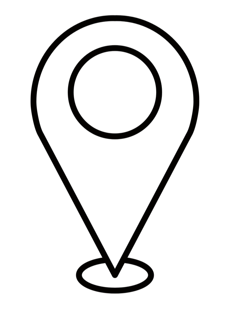 Black and white map location icon with a map pin pointing downward.