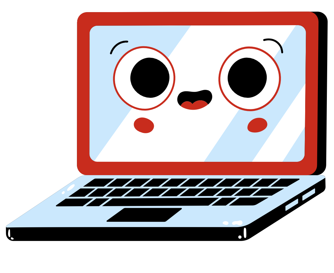 A cartoon laptop with a smiling, animated face on its screen, featuring large eyes, a small nose, and a happy mouth.