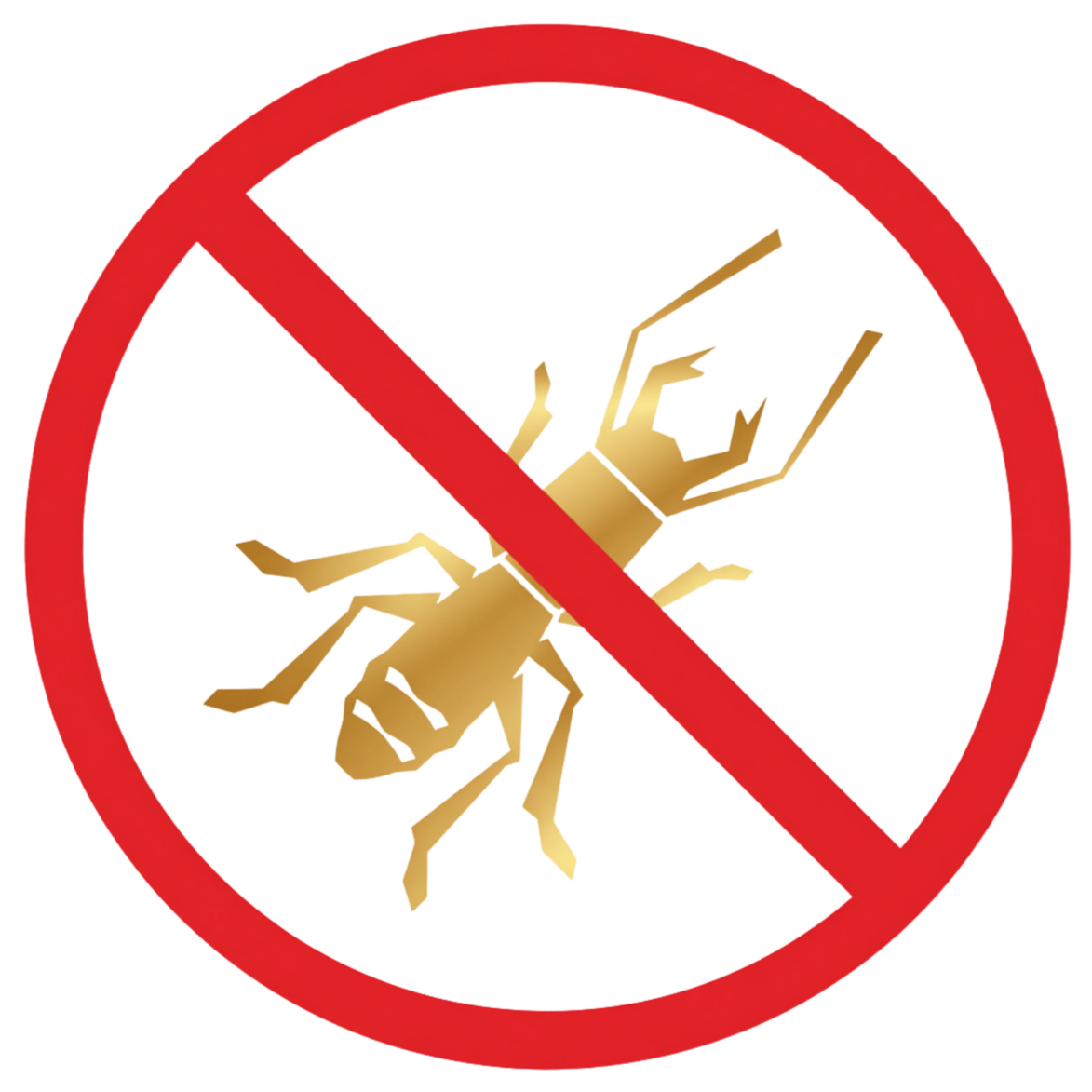 A graphic image of a cockroach insect inside a red prohibition circle with a slash through it, indicating no cockroaches or pest control.