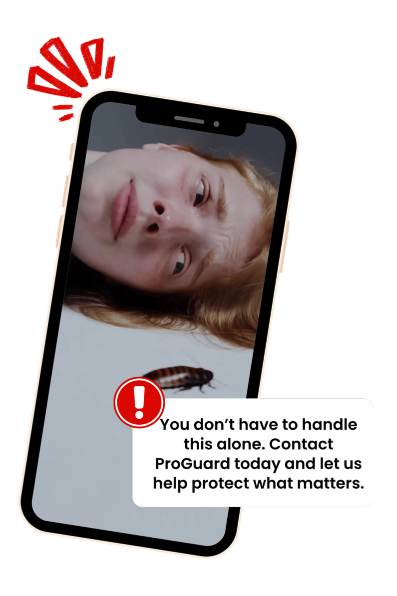 A person with red hair looking at a phone screen showing a close-up of a moth. There is an alert icon and a message that says, 'You don't have to handle this alone. Contact ProGuard today and let us help protect what matters.'
