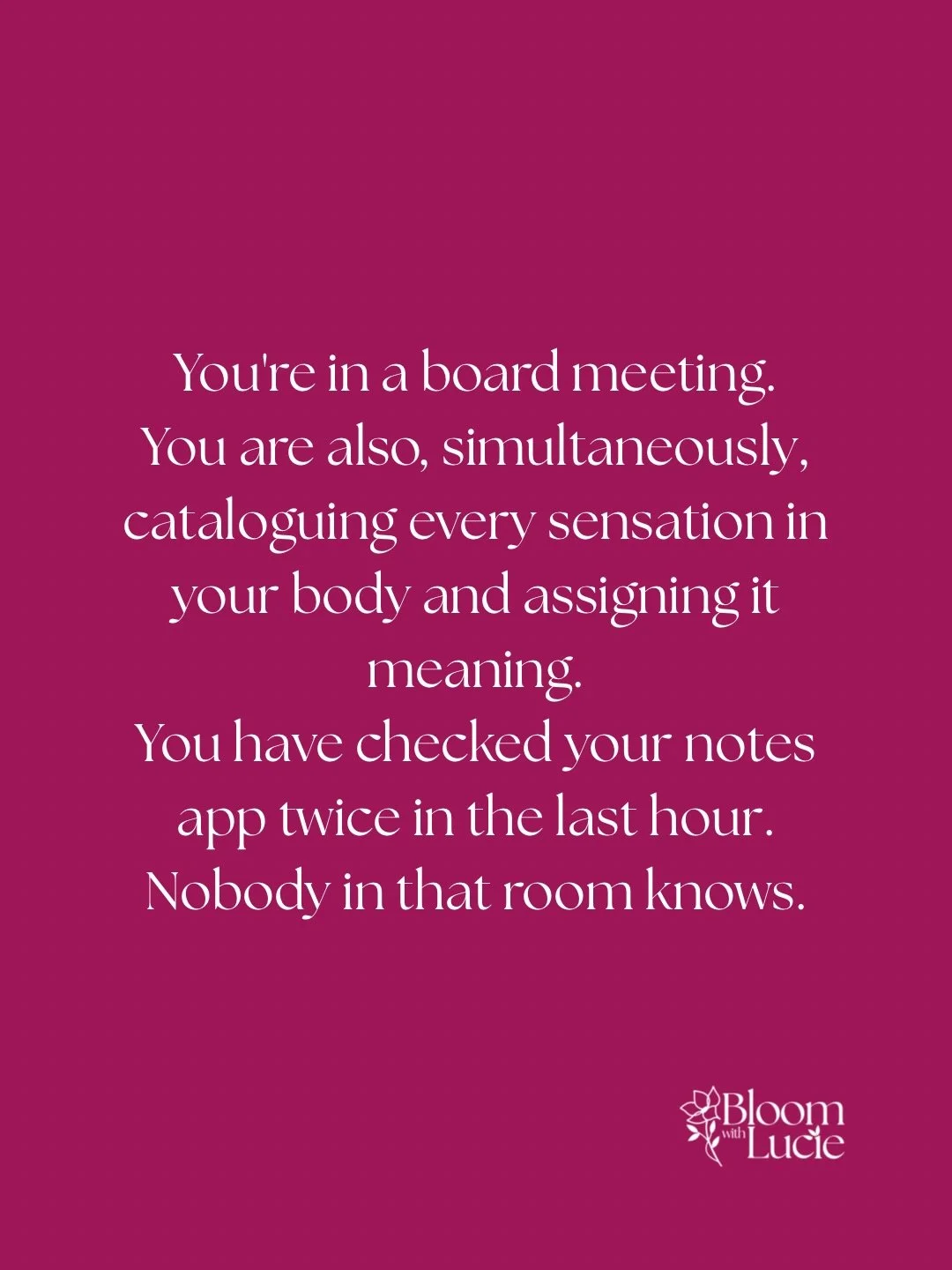 Day 10 of the two-week wait, and you are in a meeting, nodding at something on a slide, while simultaneously cataloguing every sensation in your body and assigning it significance or dismissing it and then reassigning it.
&nbsp;
Your notes app has th