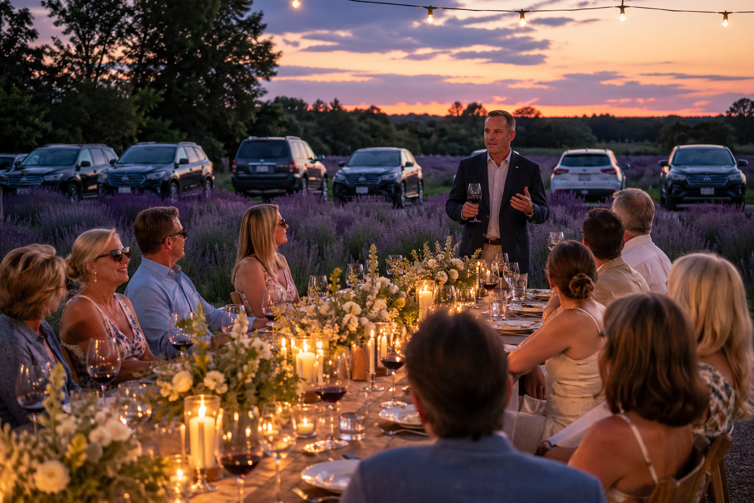 People gathered around a long harvest table decorated with candles and flowers during sunset, with cars and a lavender field in the background.