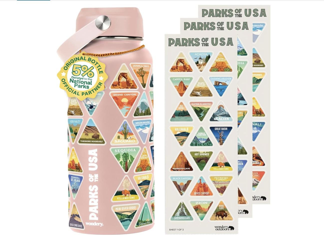 Pink water bottle decorated with stickers of National Parks of the USA and three sheets of similar stickers behind it.