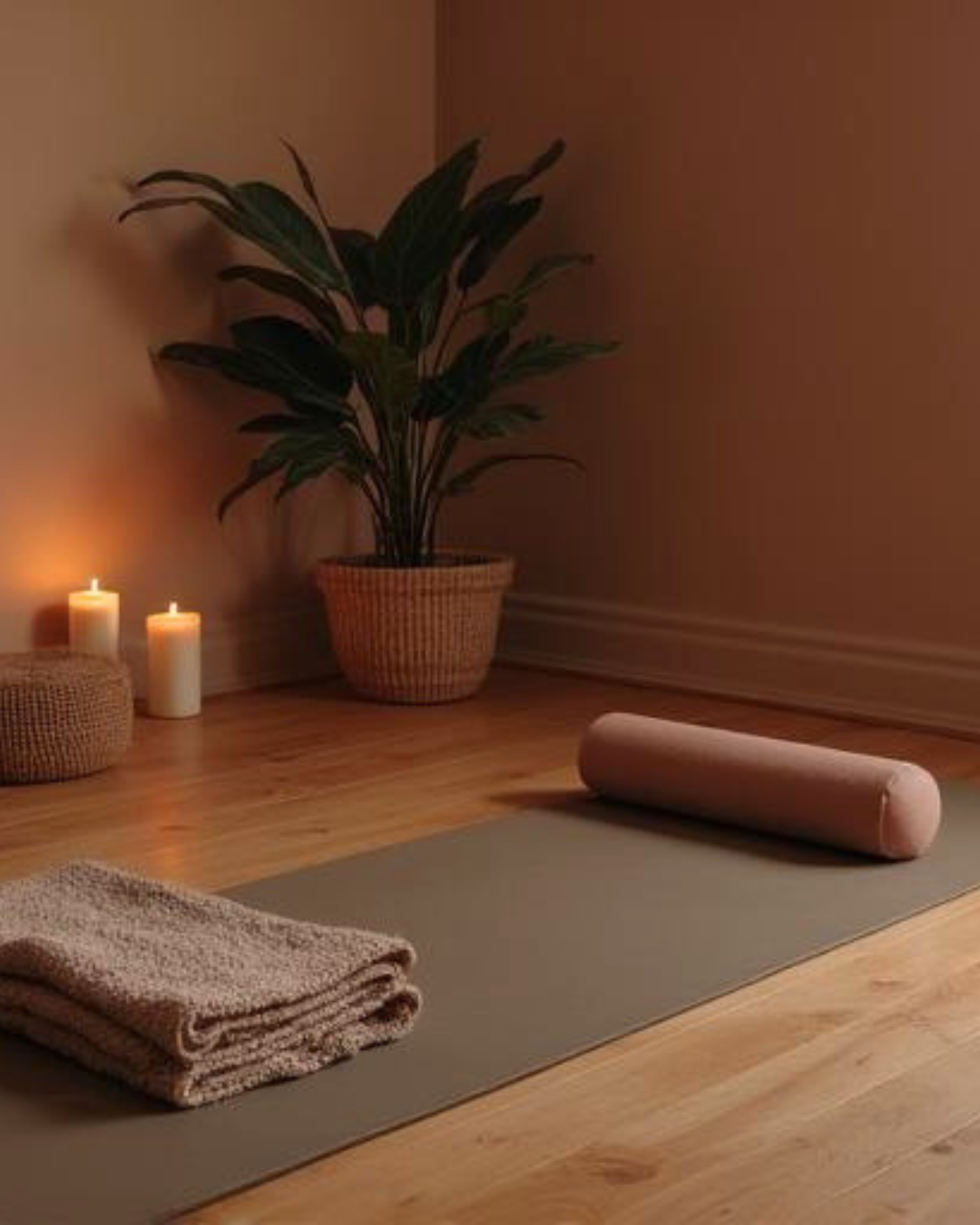 A yoga mat with a rolled-up bolster, a folded towel, candles, and houseplant in a basket in a softly lit room.