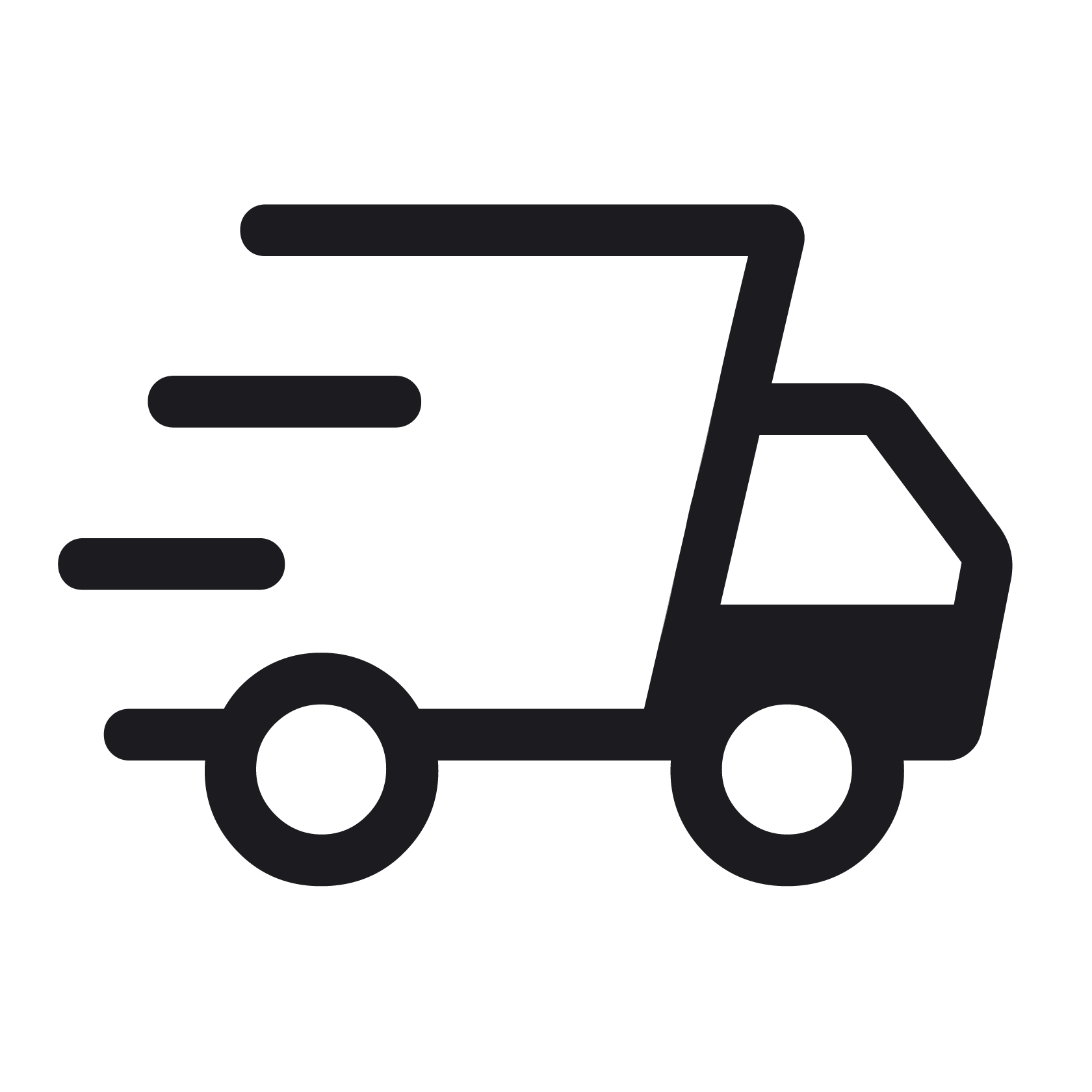 Outline graphic of a shopping cart with lines indicating movement, against a black background.