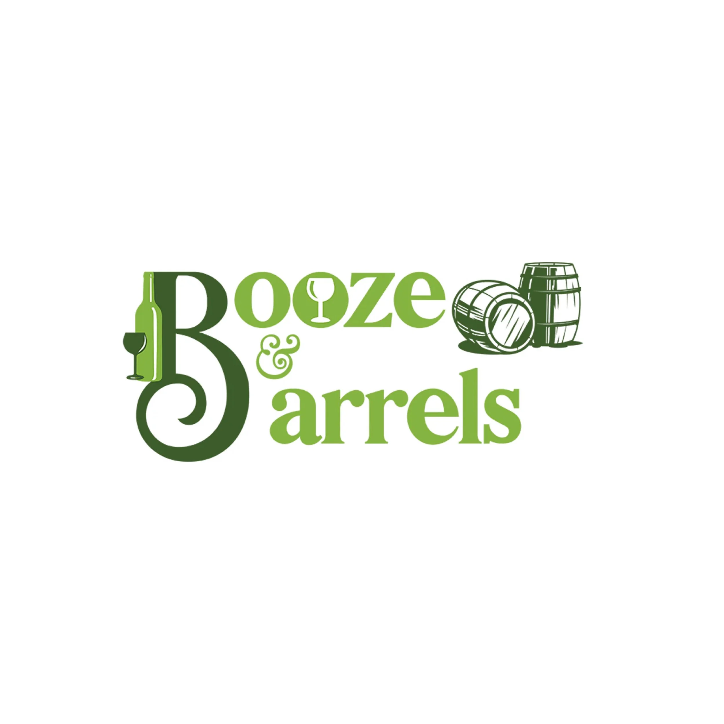 Logo for Booze & Barrels featuring green text, a wine bottle with a glass, and illustrations of barrels.