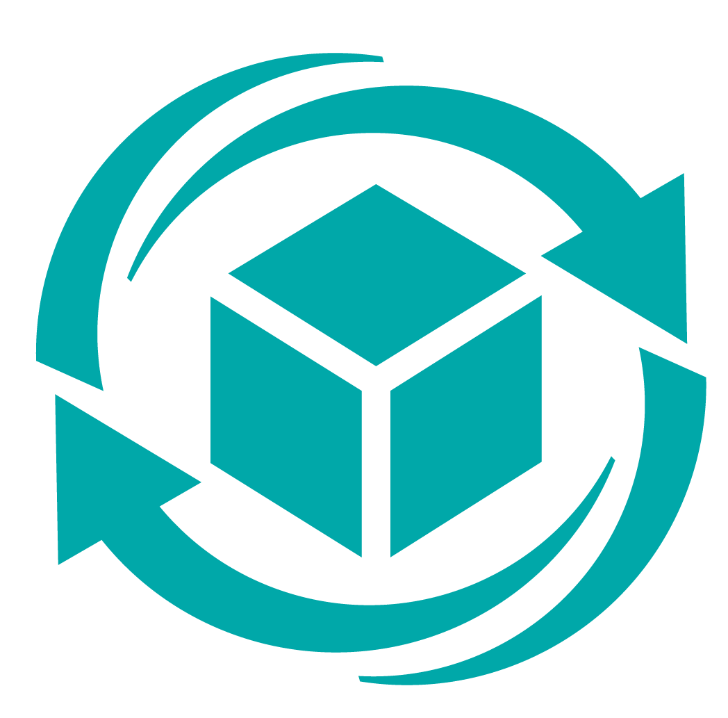 Recycling symbol with a cube in the center and arrows encircling it.