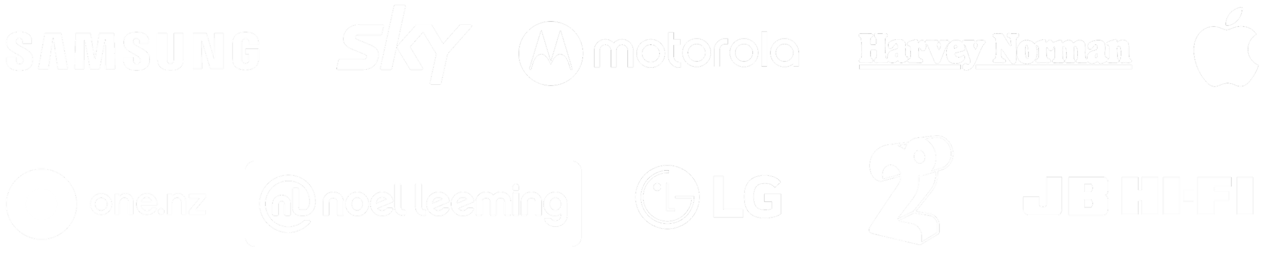 Collection of logos for Samsung, Sky, Motorola, Harvey Norman, Apple, one.nz, Noel Leeming, LG, and JB Hi-Fi.