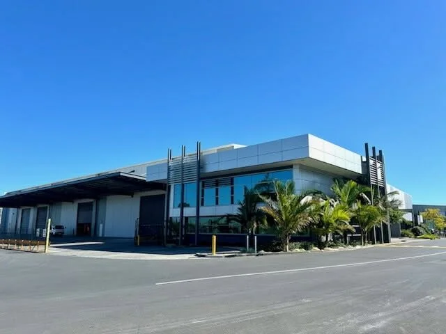 Modern commercial building with large glass windows and palm trees in front, under a clear blue sky.