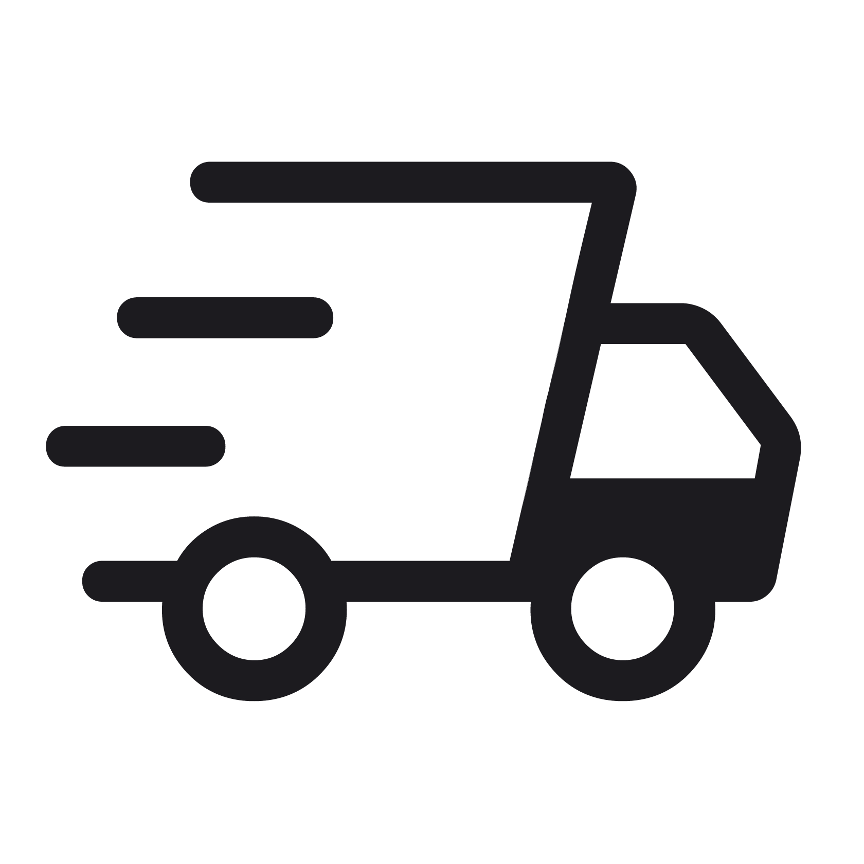 Black outline of a shopping cart with a rectangular basket and two wheels.