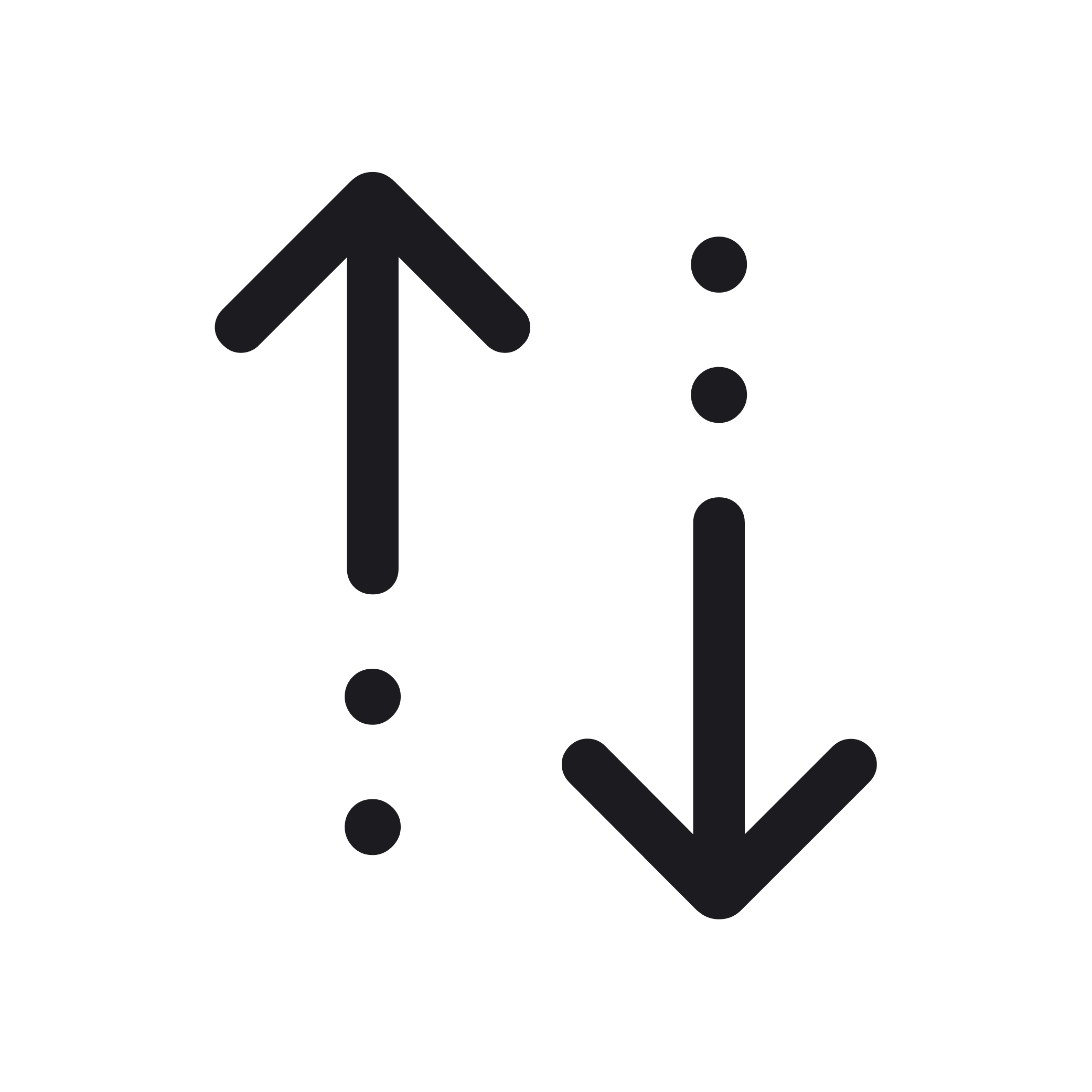 A black background with gray dots arranged vertically on the right side and a gray arrow pointing upward in the center.