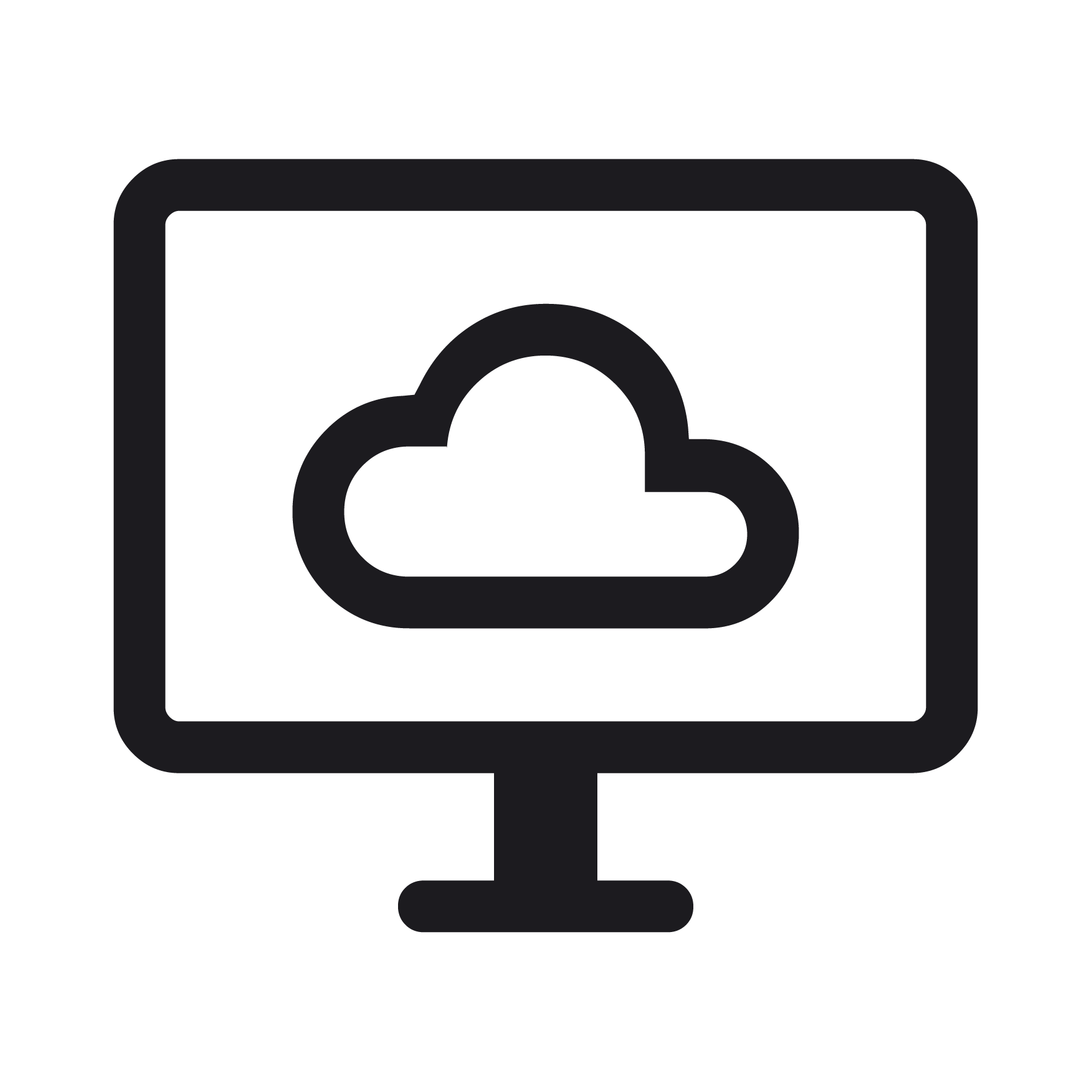 Icon of a computer monitor displaying a cloud with an arrow pointing down, representing cloud download or cloud storage.