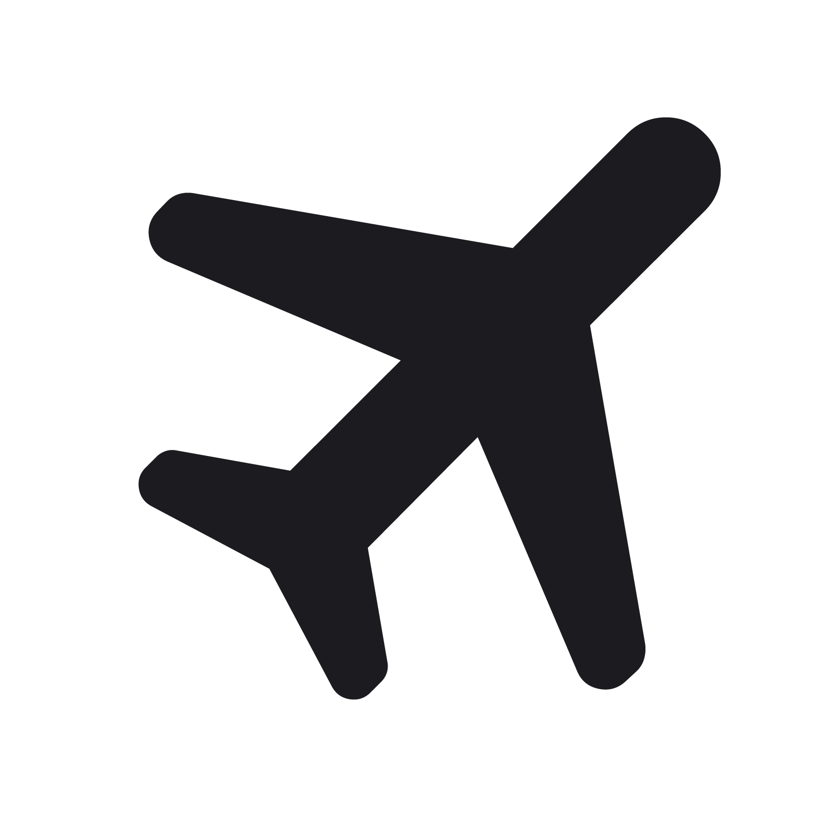 A black icon of an airplane on a transparent background.