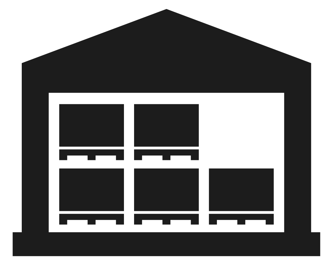 Silhouette of a warehouse with a pallet rack containing boxes.