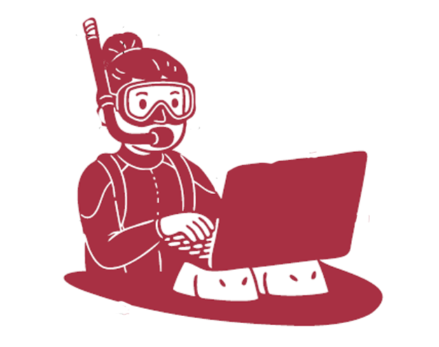 Illustrazione di una donna che indossa maschera da sub, con un laptop davanti, con un tratto di colore rosso.