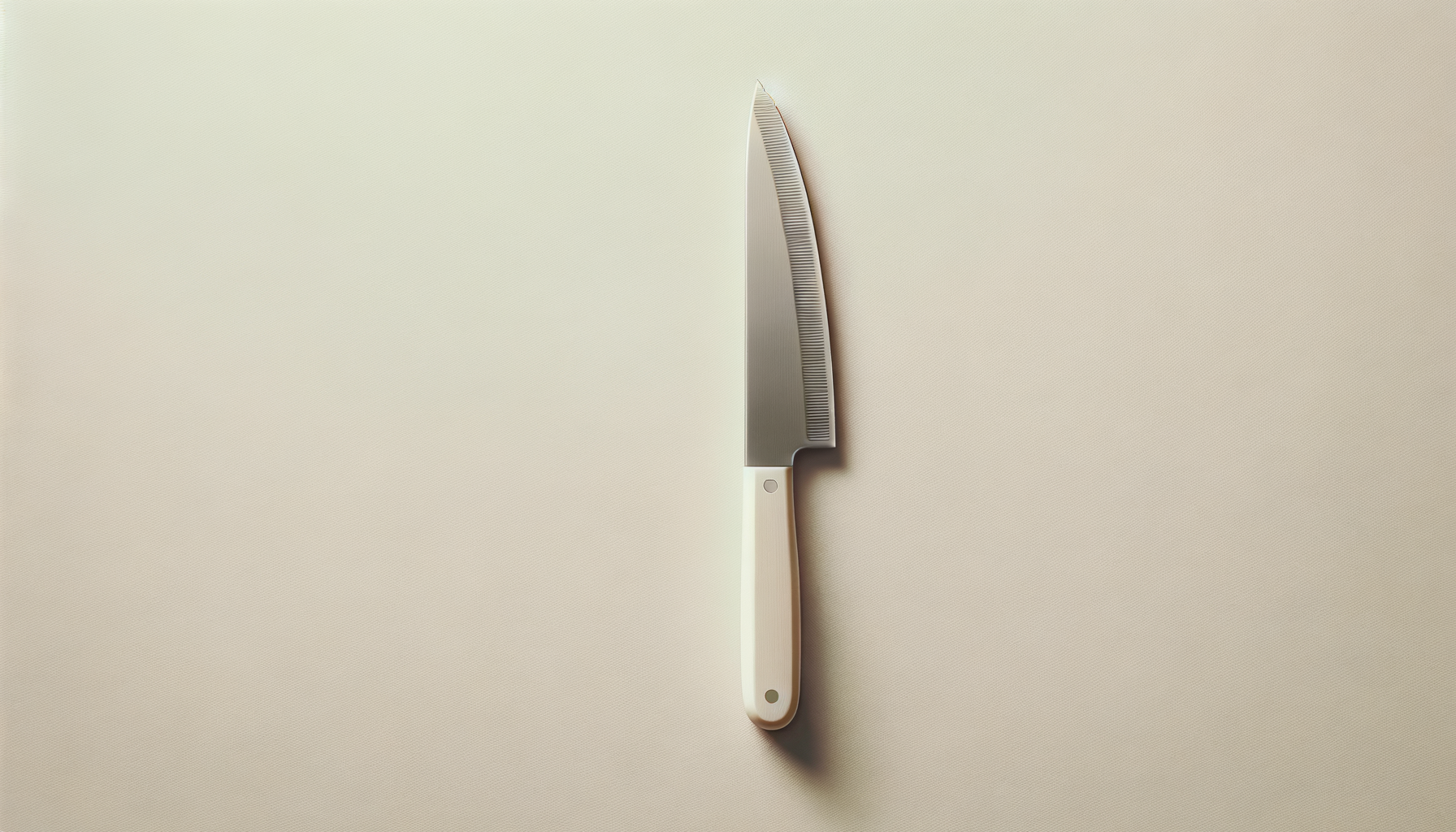 A kitchen chef's knife with a white handle and a serrated blade resting on a light-colored surface.