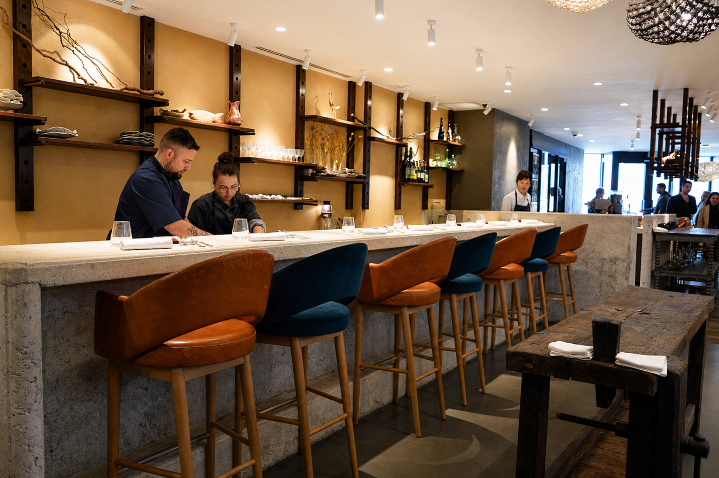 Intérieur d'un restaurant avec un bar en marbre, des chaises en cuir marron et bleu, et des étagères murales décoratives. Personnels en uniforme et clients en arrière-plan.