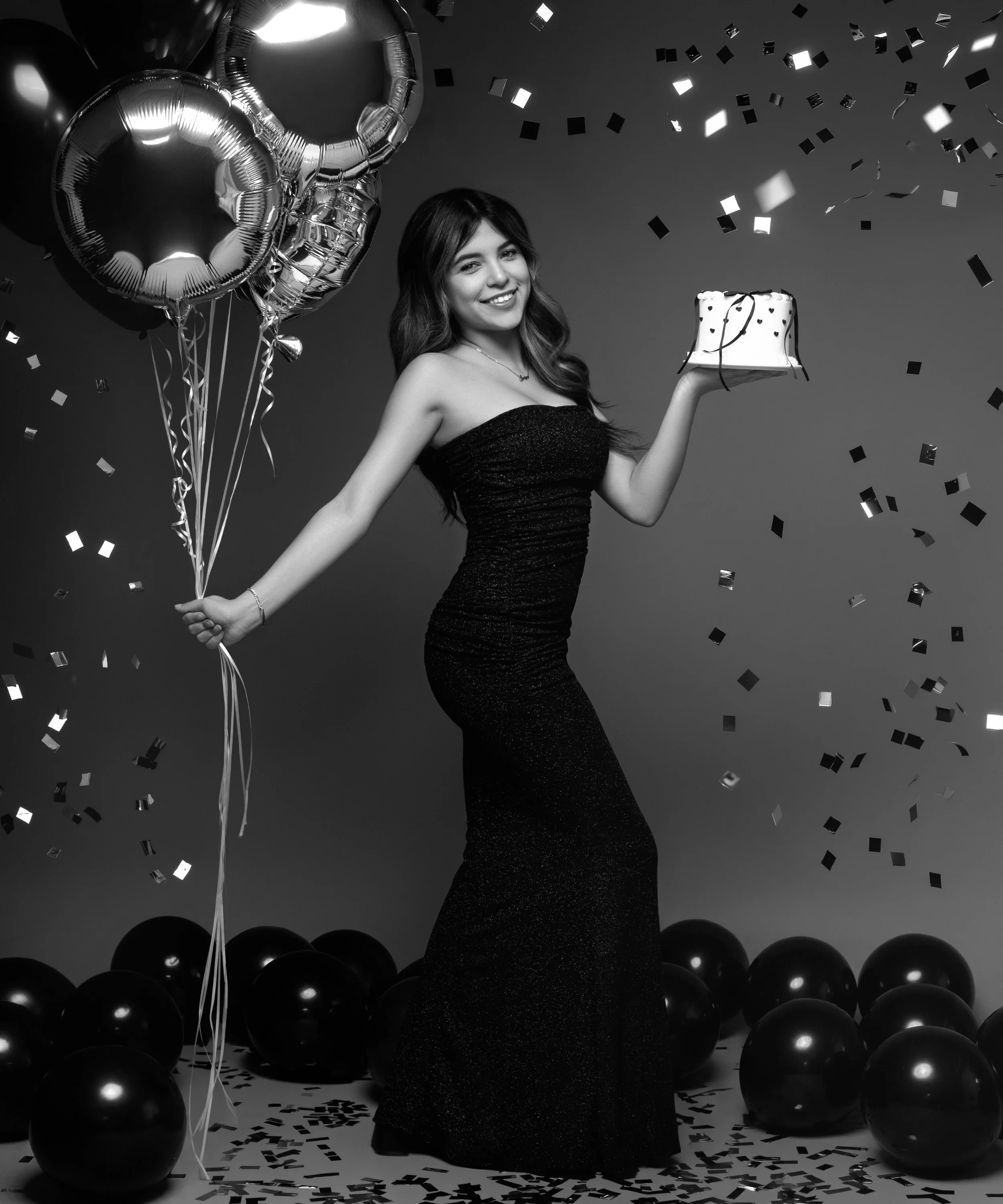 Elegant birthday photography session with balloons, cake, and confetti by Mariah Therese Photography, serving the Inland Empire, Orange County, and Los Angeles County.