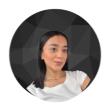 Portrait of a young woman with shoulder-length black hair, wearing a white shirt, smiling slightly against a dark, geometric background.