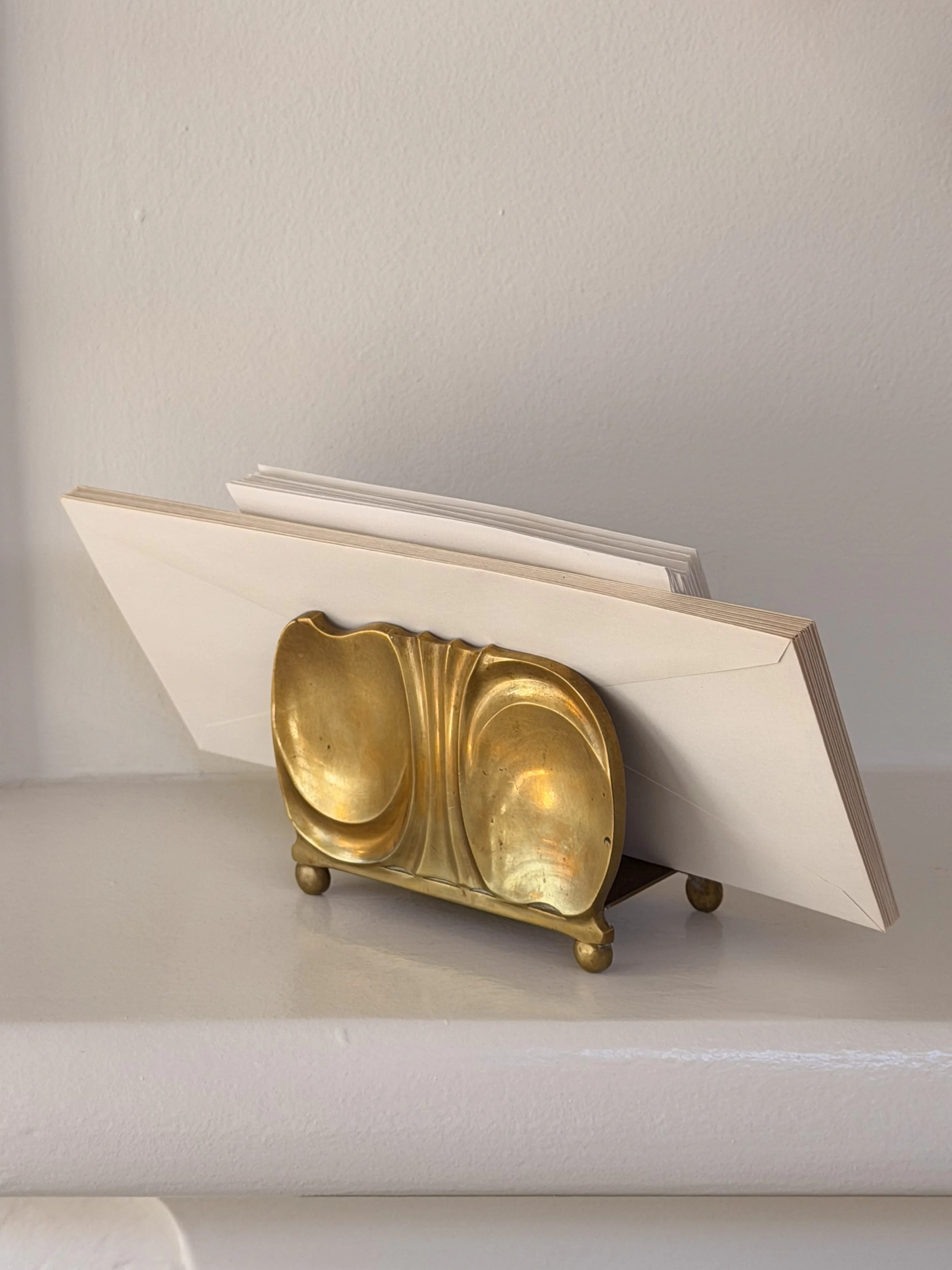 Antique Art Nouveau Cast Brass Letter Rack, Organic Jugendstil Desk Mail Sorter, c. 1900