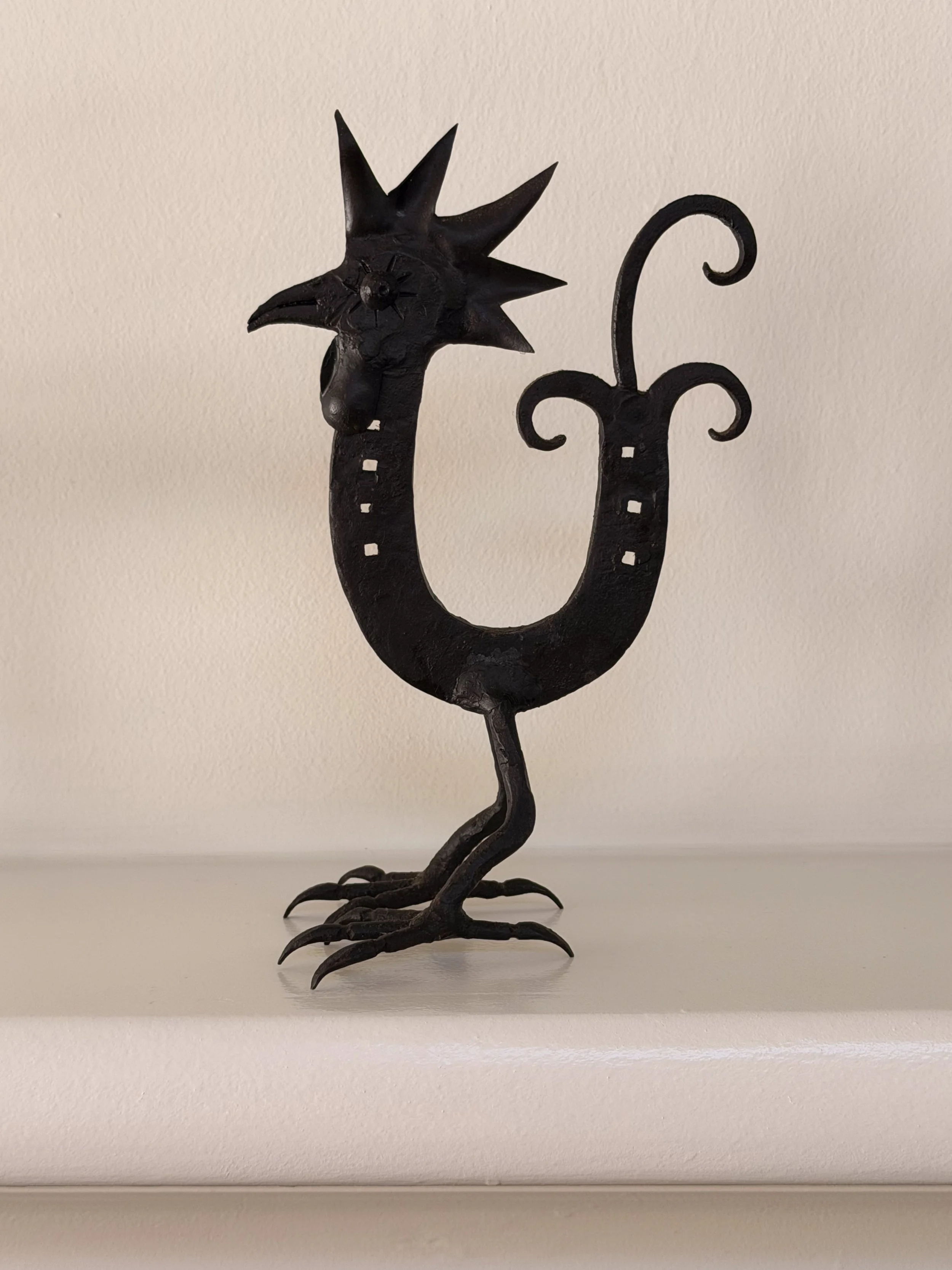 Mid-Century French Folk Art Hand-Forged Iron Horseshoe Rooster Sculpture – Attrib. Les Artisans de Marolles, c. 1950s