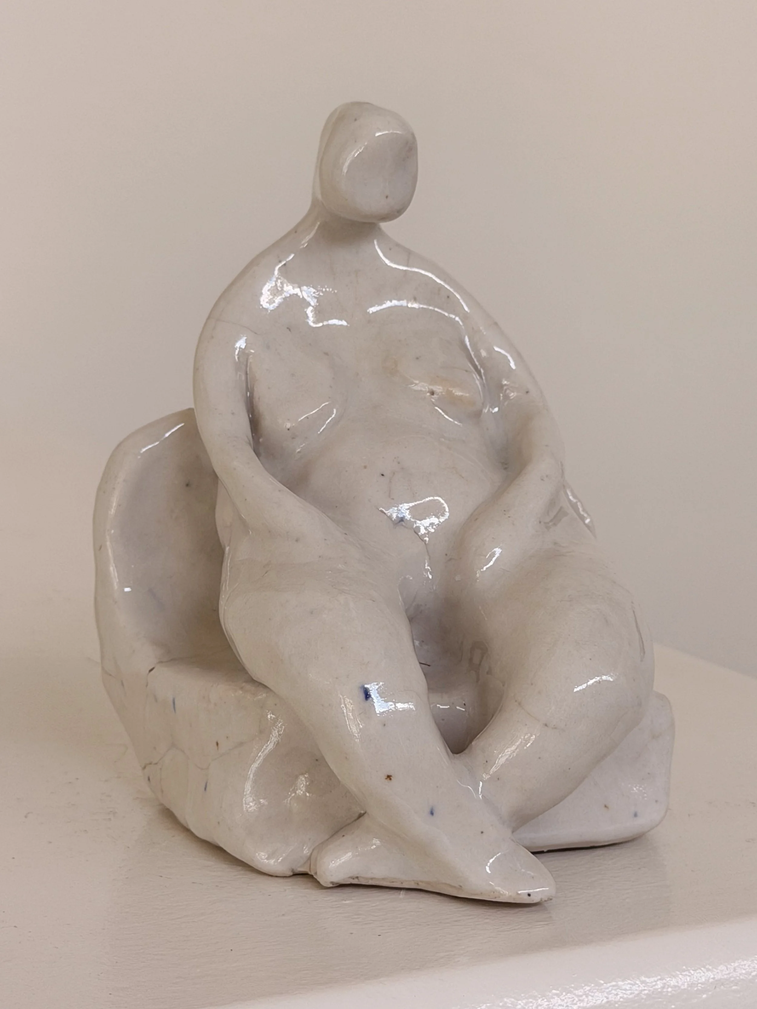 Seated Female Nude Figure, Mid-Century Modern Glazed Ceramic Studio Sculpture