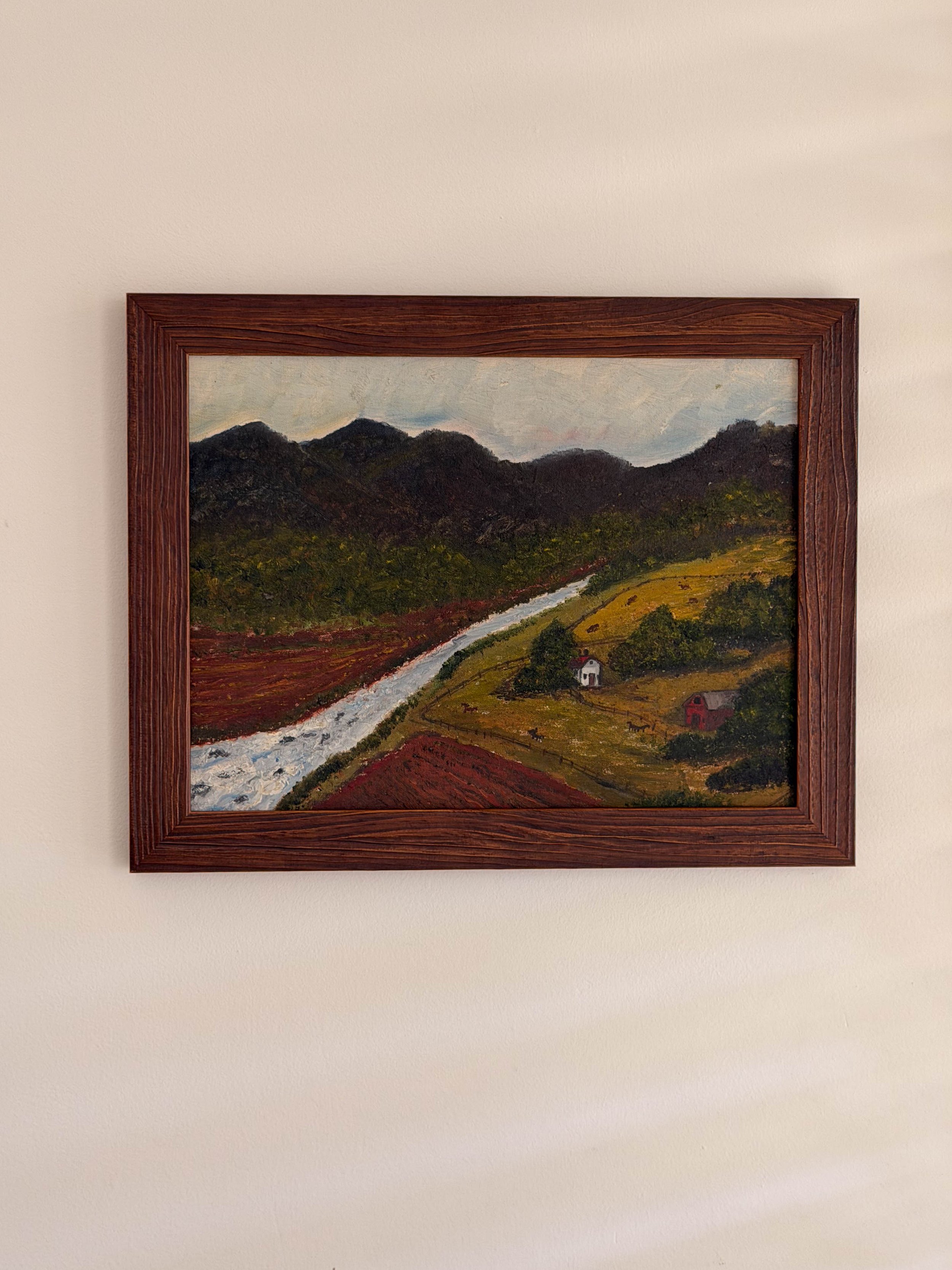 Vintage Mid-Century American Folk Art Landscape Painting, Oil on Board, Framed Pastoral River Valley