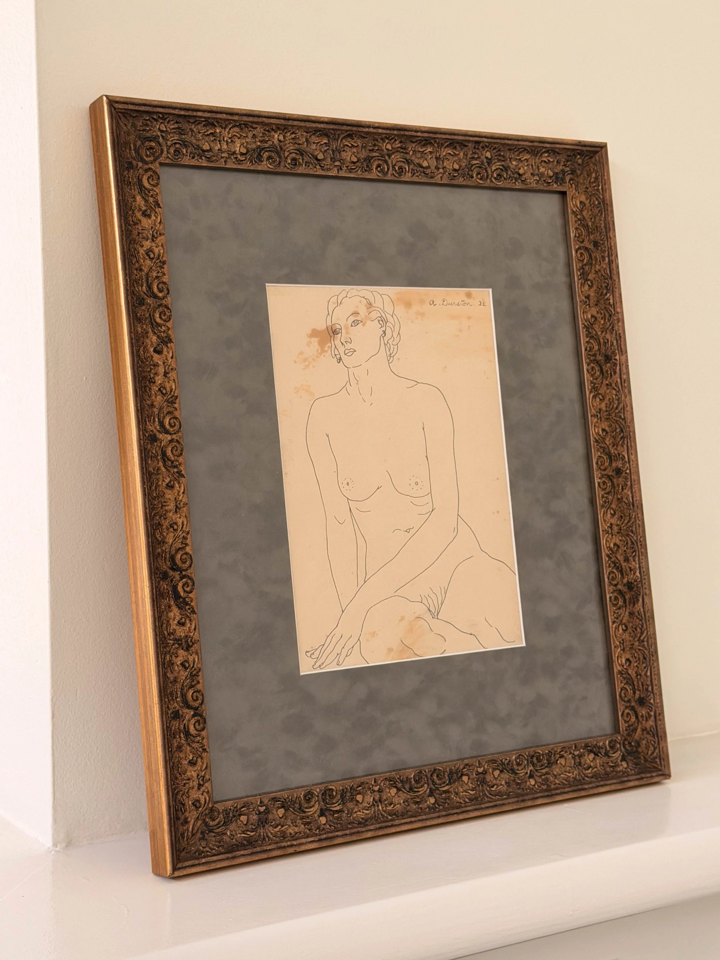 Original 1932 Arthur Durston Signed Nude Figure Study Drawing – WPA Era American Modernism, Framed