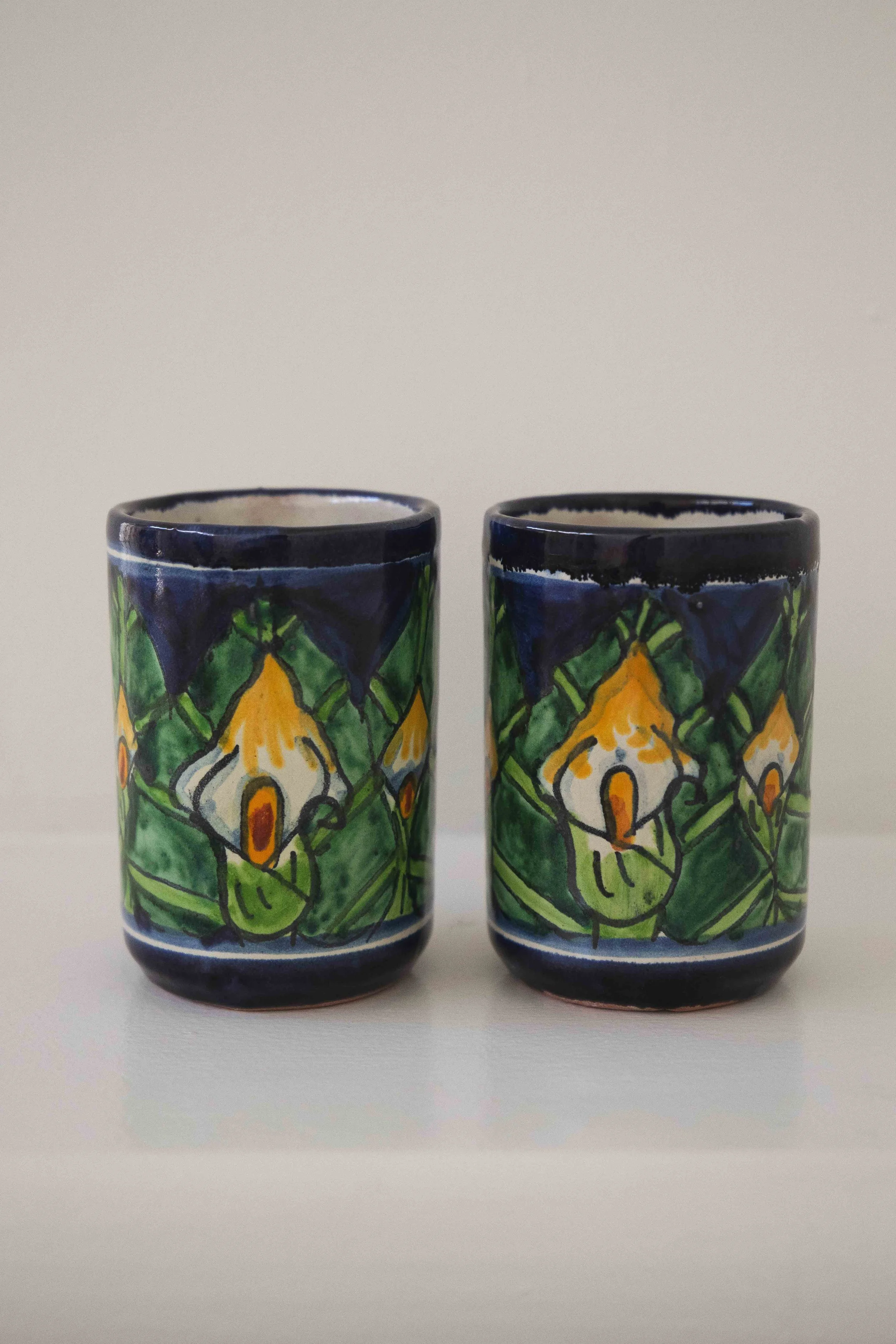 Mexican Talavera Hand Painted Calla Lily Cups