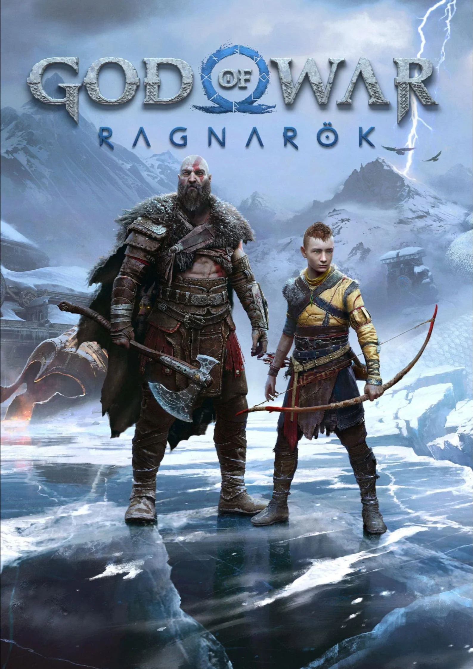 Cover art for the video game 'God of War: Ragnarök' featuring two characters standing on ice with snowy mountains in the background, one holding an axe and the other a bow.
