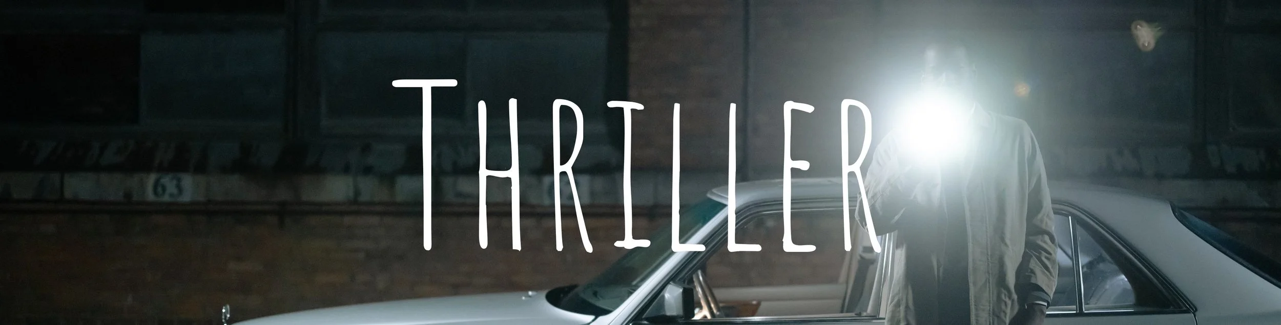 A person standing next to a car at night with a flashlight or headlamp. The word 'THRILLER' is overlaid on the image.
