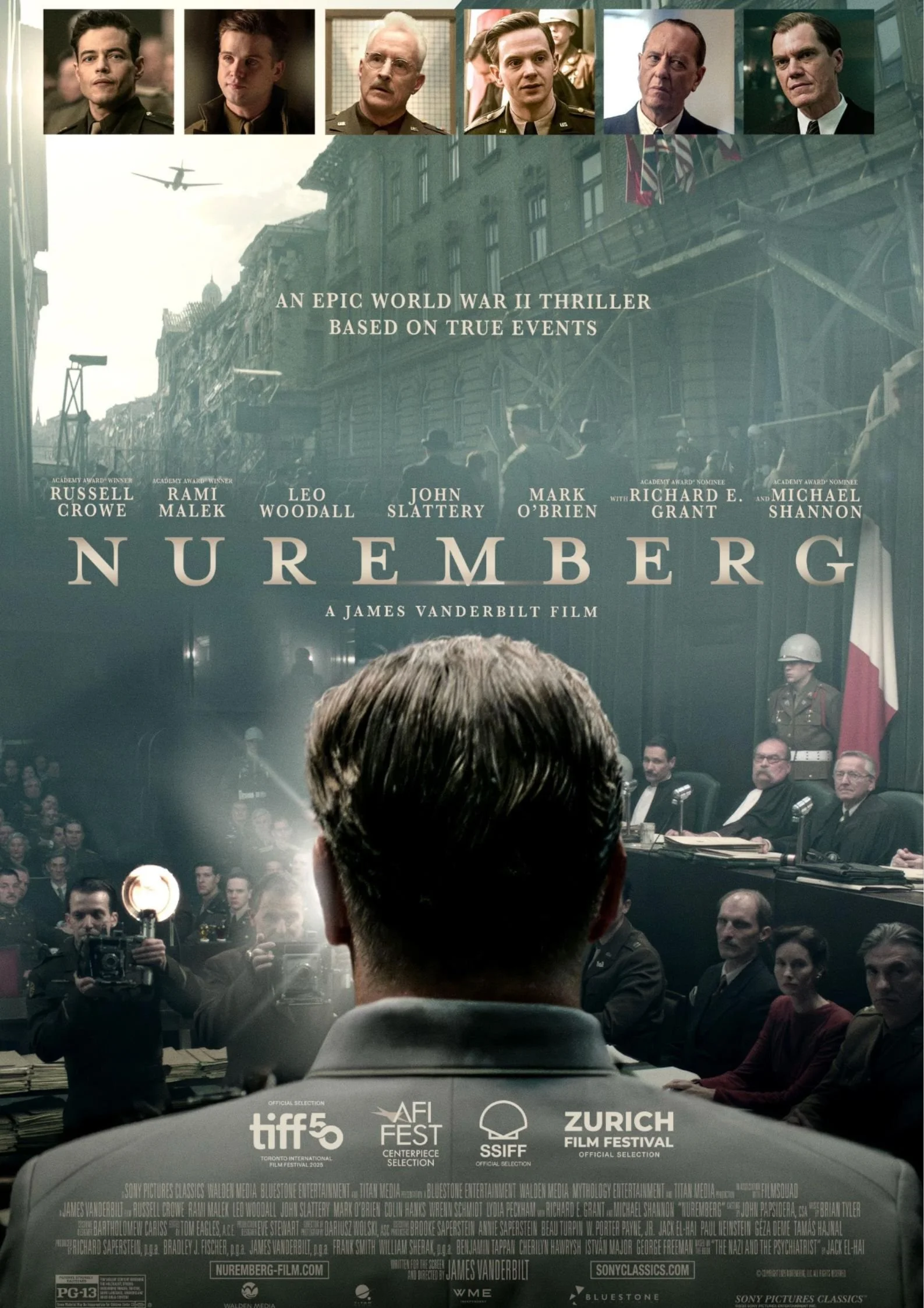 Poster for the movie Nuremberg featuring a courtroom scene with a man seen from behind, addressing a panel of judges, with others in the courtroom and an audience watching. Text highlights the film as an epic World War II thriller based on true events.