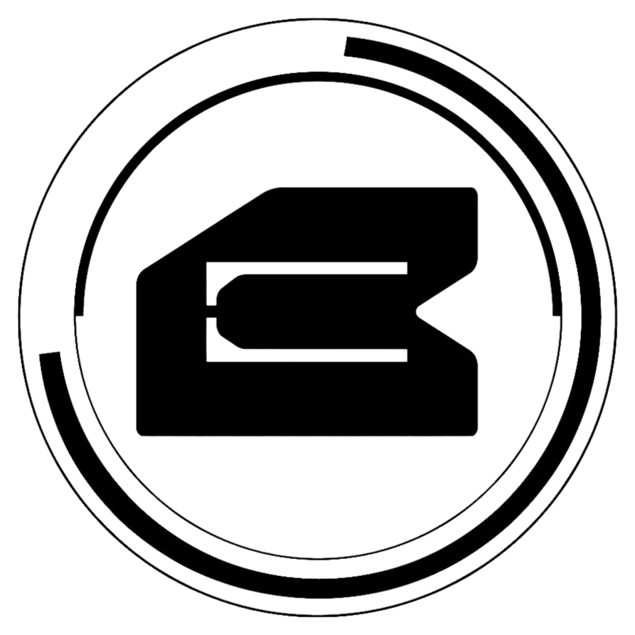 A black and white digital logo featuring a stylized letter 'R' inside a circle.