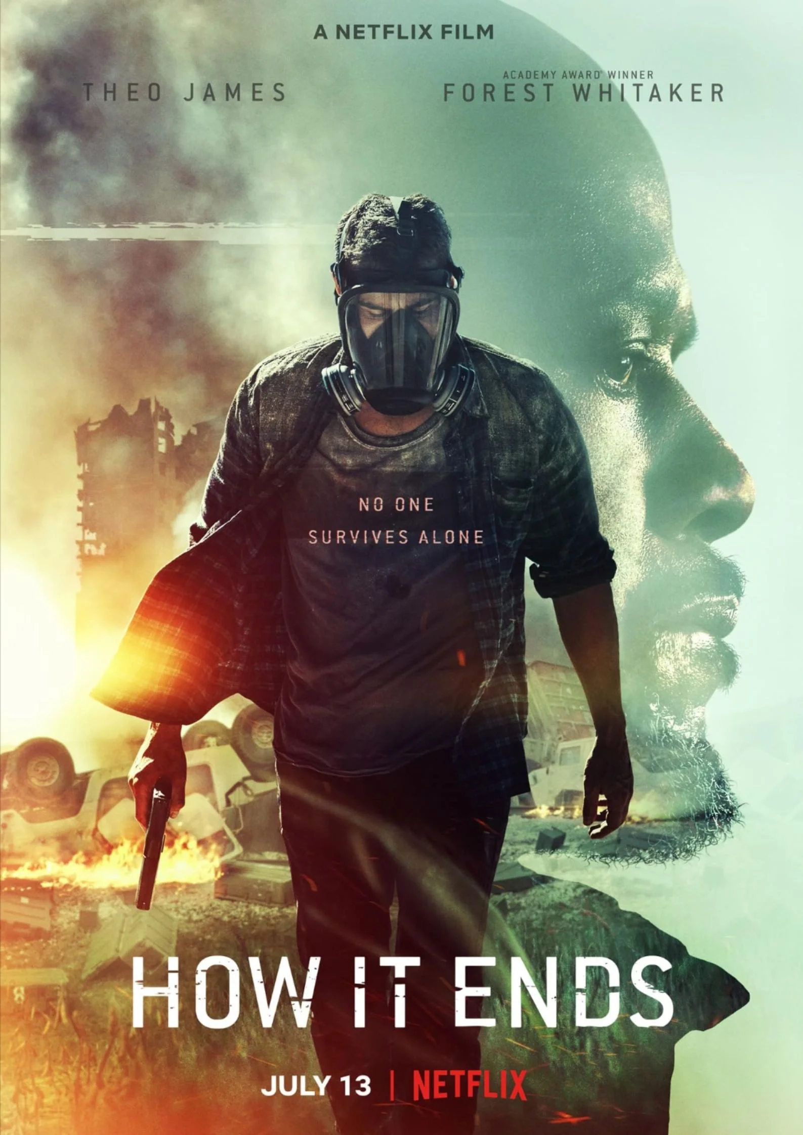 Poster for the Netflix film "How It Ends" showing a man in a mask carrying a gun, walking in front of a background with fire, smoke, and a destroyed cityscape. A large face outline of a man in profile is superimposed behind him.