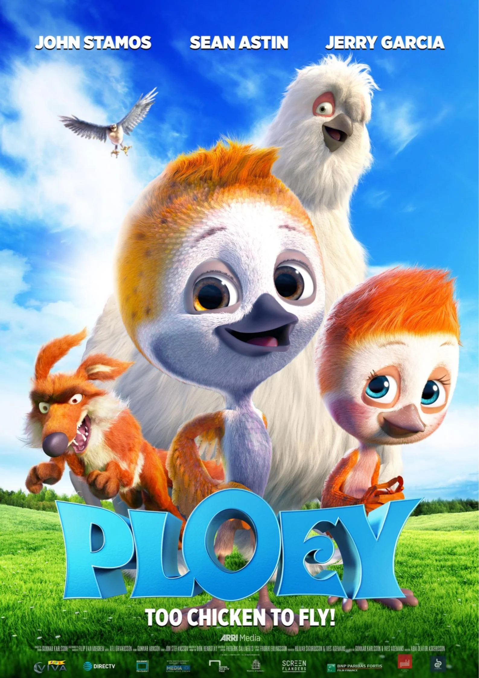 The animated movie poster for "PLOEY: Too Chicken to Fly!" featuring colorful bird characters, including two young birds with orange hair, an adult white bird, and a wild, orange bird with a mischievous expression, set against a bright blue sky with clouds and a green grassy field.