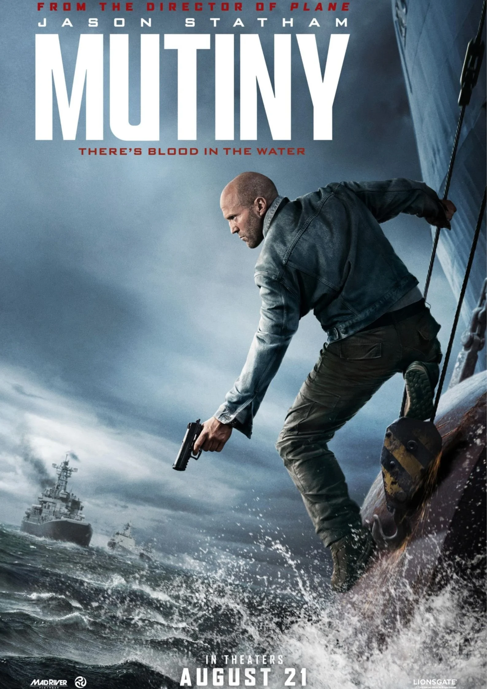 A movie poster for 'Mutiny' featuring a man in a leather jacket holding a gun while climbing the side of a ship during stormy weather, with large ships in the water and dark clouds overhead.