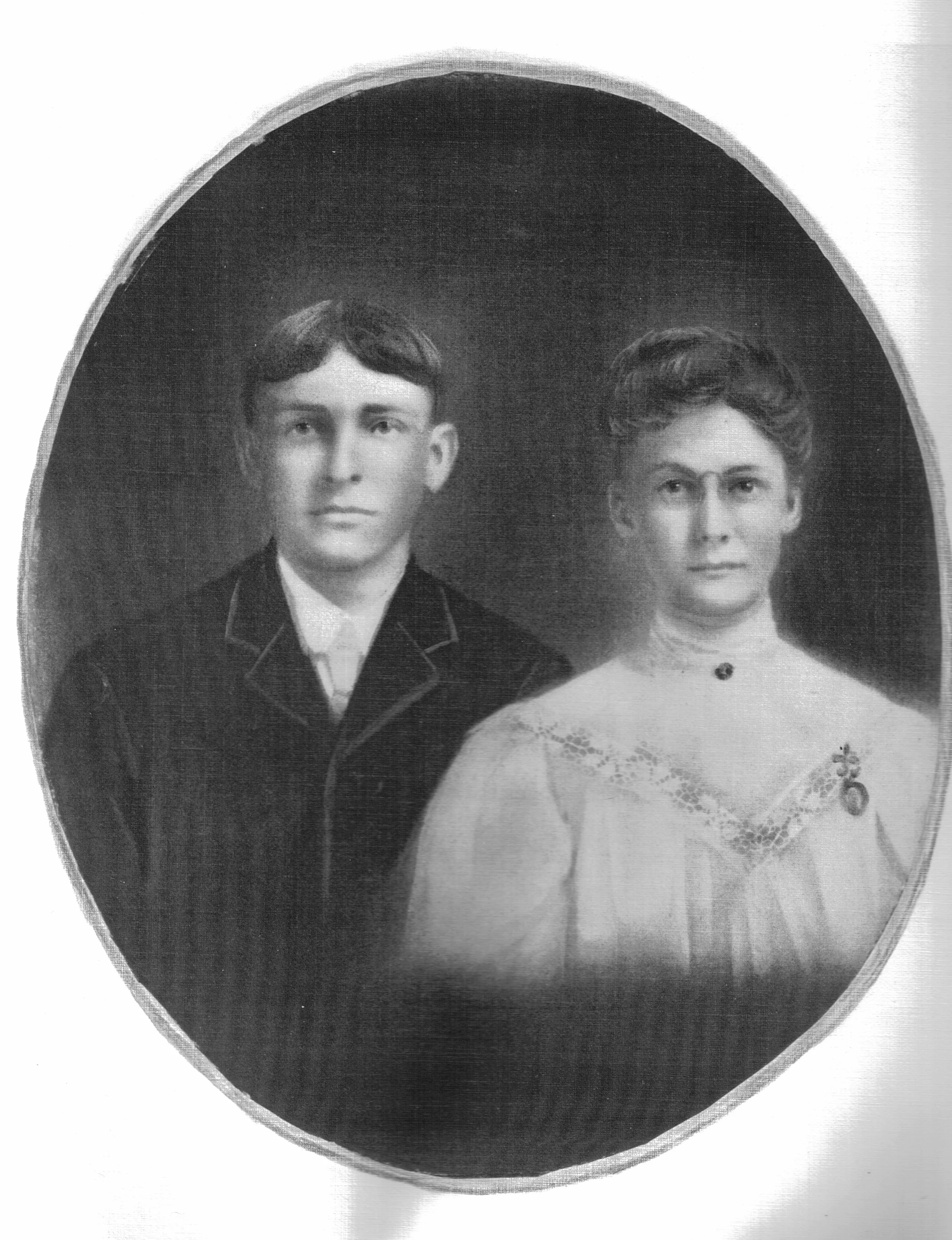 Black and white portrait of a young man and woman in formal attire, oval framed. These are the great-great grandparents of Jessica Howard.