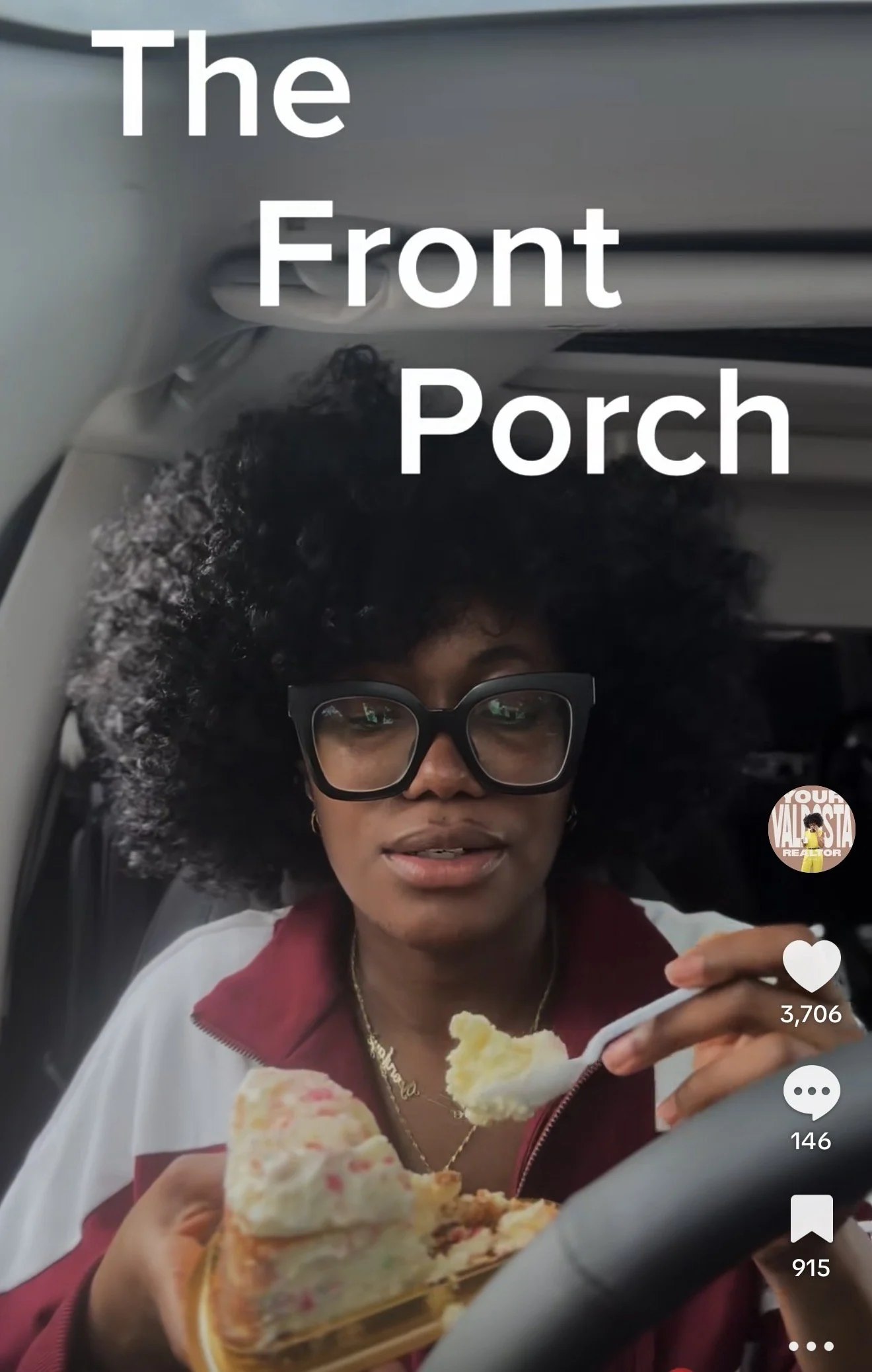 A woman with large glasses and curly hair sitting in a vehicle, holding a fork with a slice of cake, with text over her head that says 'The Front Porch'.