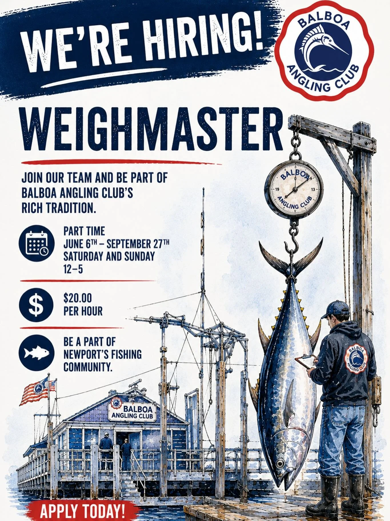 We&rsquo;re hiring! 🎣

The Balboa Angling Club is looking for a seasonal Weighmaster to join our team for the summer fishing season!

📍 Part-time: Saturdays &amp; Sundays | 12PM&ndash;5PM
📅 June 6th &ndash; September 27th
💲 $20.00 per hour

This 