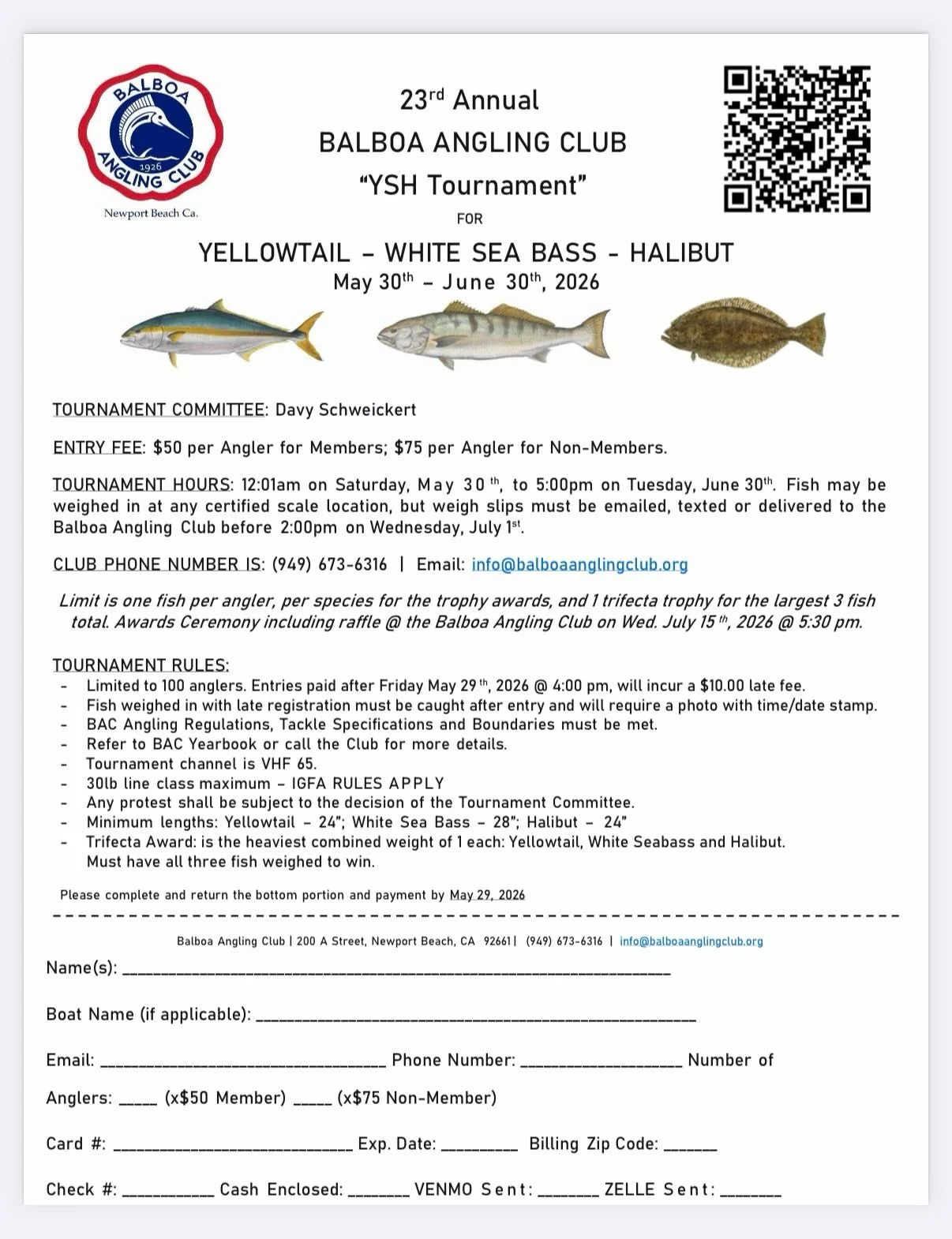 🎣 The 23rd Annual Balboa Angling Club YSH Tournament starts this weekend! 🎣

The tournament begins Saturday, May 30th at 12:00 AM and runs through Tuesday, June 30th at 5:00 PM, giving anglers an entire month to pursue Yellowtail, White Sea Bass, a