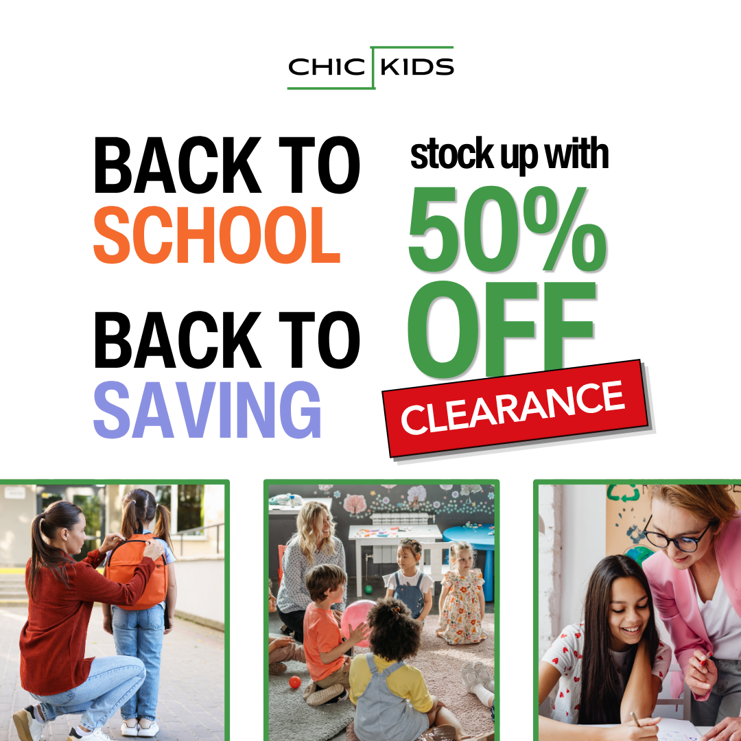 Chic Kids back-to-school sale ad with 50% off clearance and images of children in classroom settings.