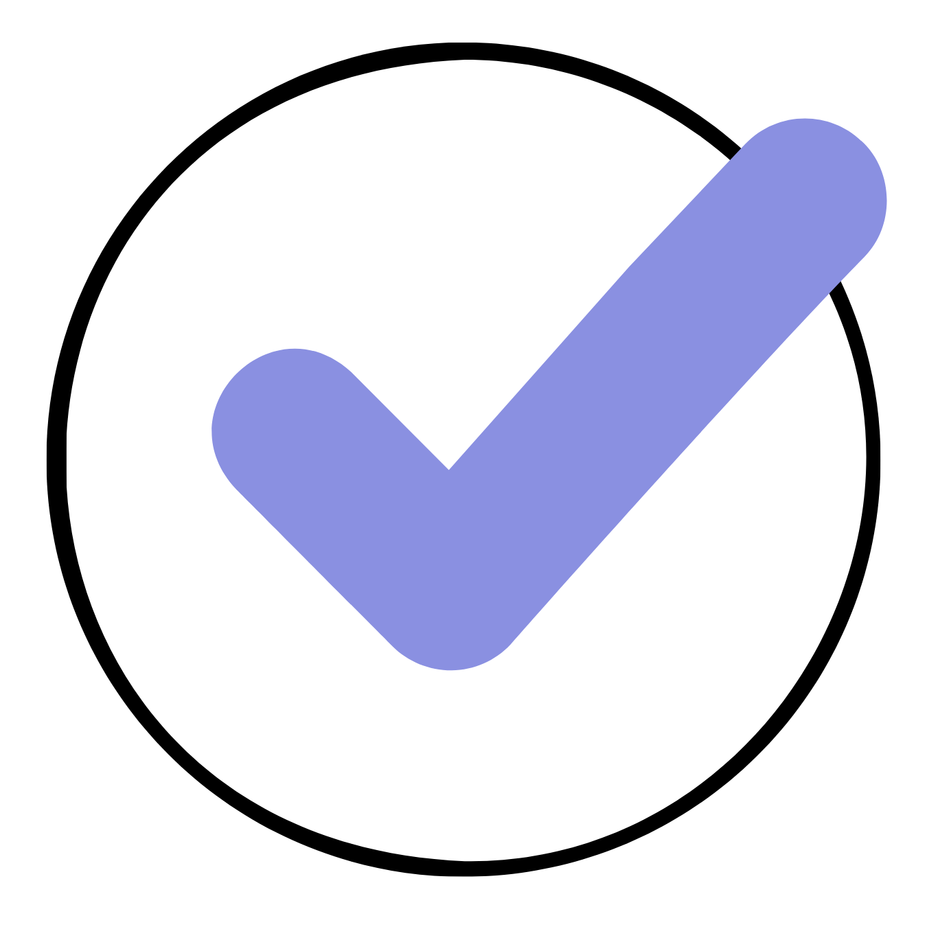 Large purple checkmark inside a black-outlined white circle on a light gray background showing affordable used children's clothing.