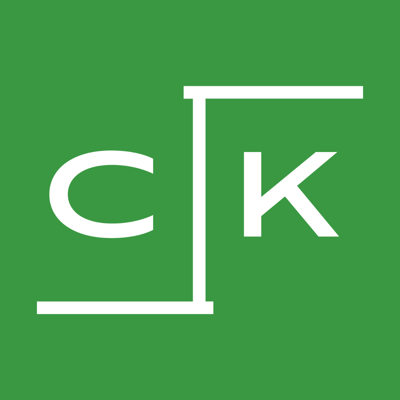 White stylized letters “c” and “K” separated by a vertical and two horizontal lines on a green background for Chic Kids resale..