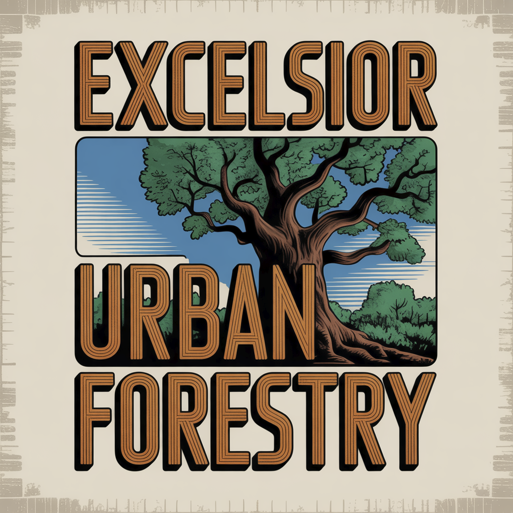 Vintage-style poster with the words 'Excelsior Urban Forestry' surrounding an illustration of a large, leafy tree against a sky background.