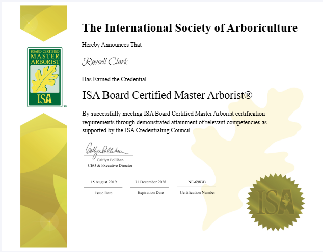 Certificate from The International Society of Arboriculture confirming Russell Clark as an ISA Board Certified Master Arborist.